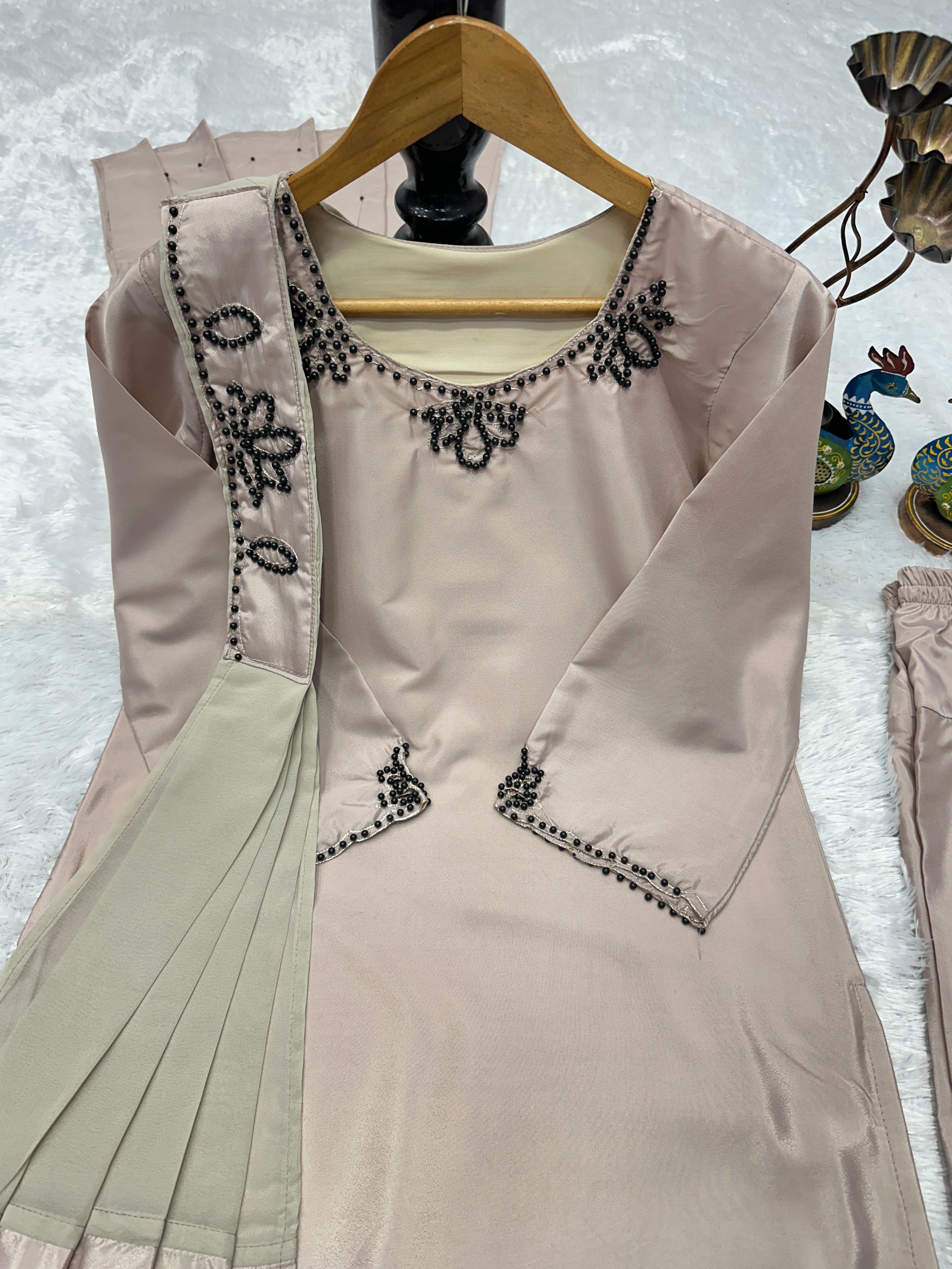 Wedding Wear Heavy Crepe Farsi Salwar Suit Set with Pearl Moti Work