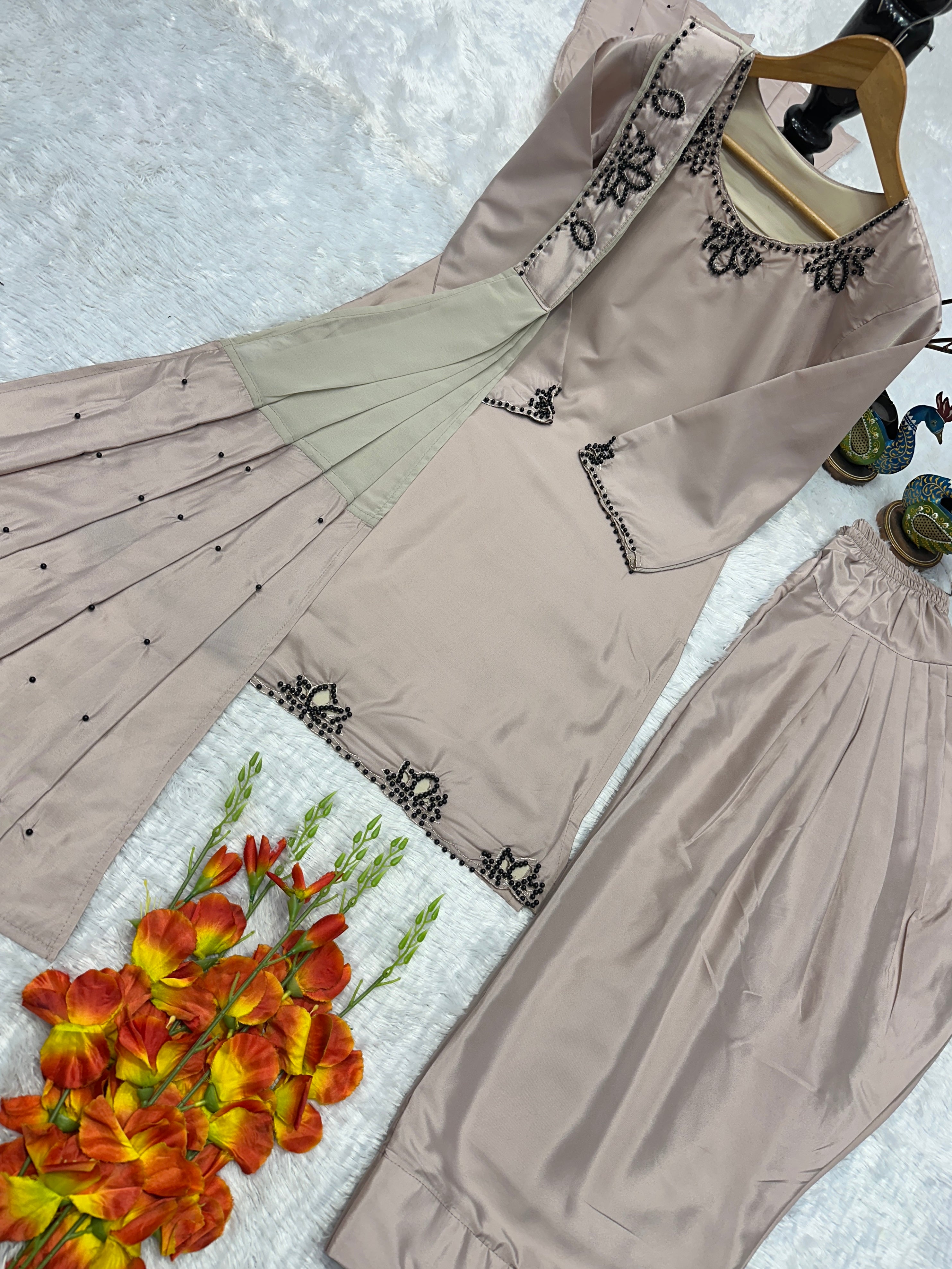 Wedding Wear Heavy Crepe Farsi Salwar Suit Set with Pearl Moti Work