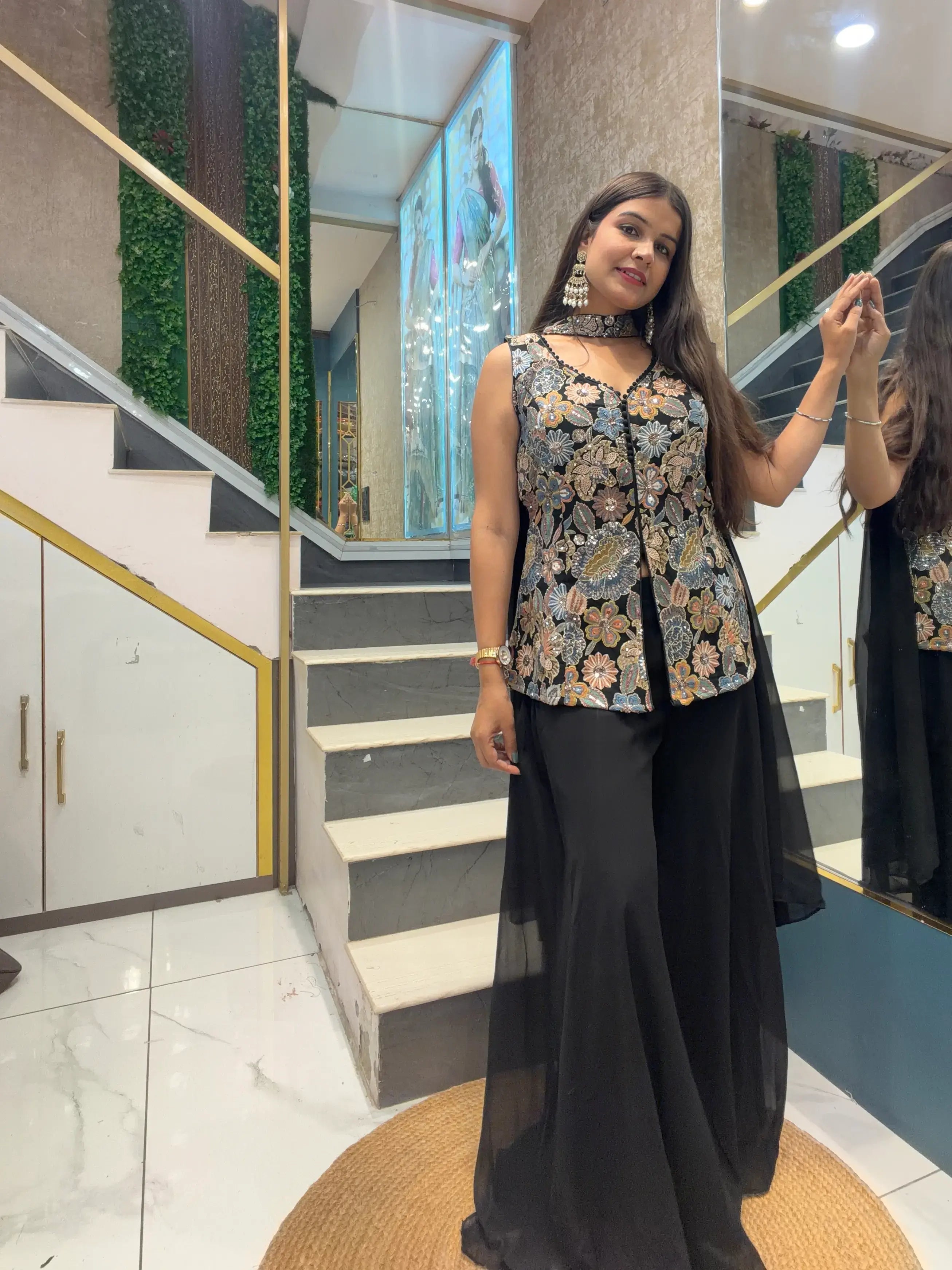 Black Multi-Color Floral Embroidered Jacket Set With Dupatta