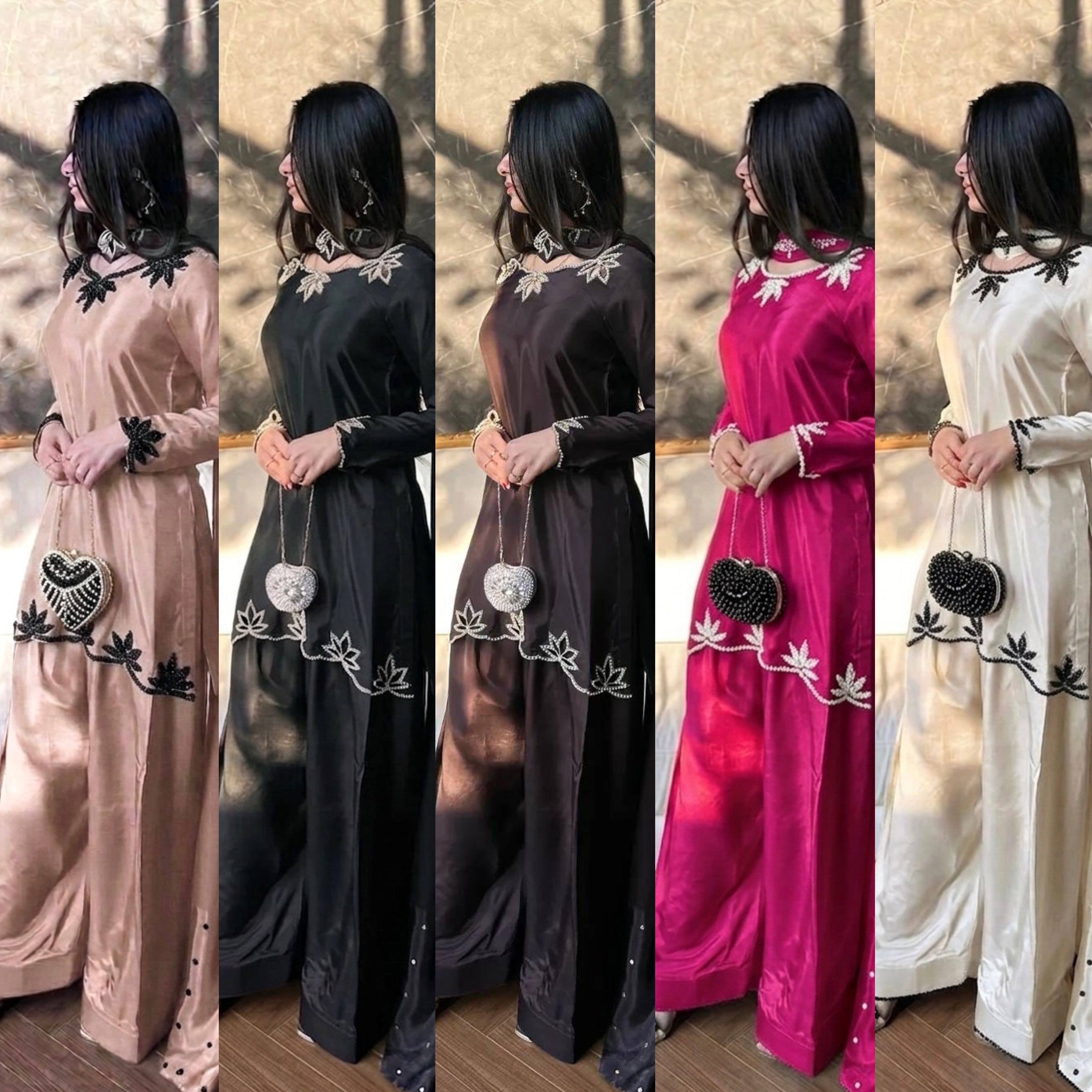 Wedding Wear Heavy Crepe Farsi Salwar Suit Set with Pearl Moti Work