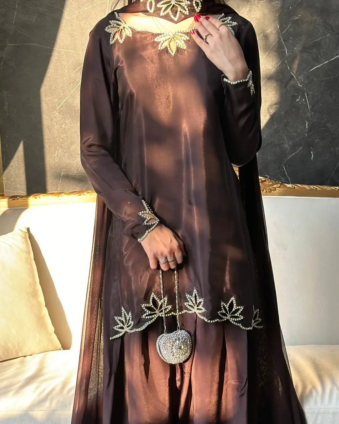 Wedding Wear Heavy Crepe Farsi Salwar Suit Set with Pearl Moti Work