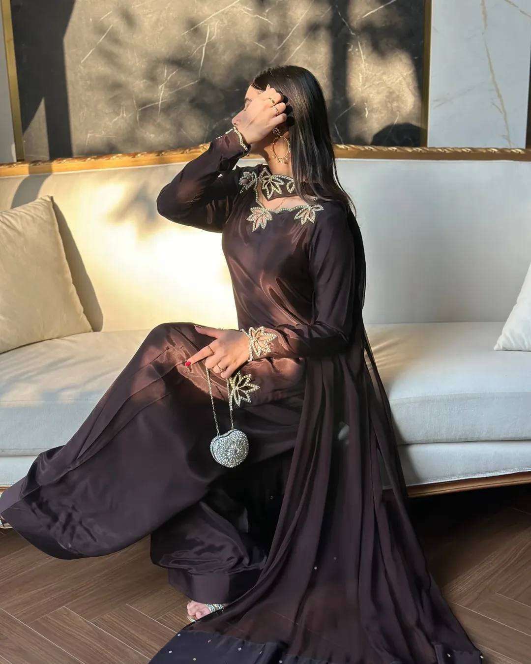 Wedding Wear Heavy Crepe Farsi Salwar Suit Set with Pearl Moti Work
