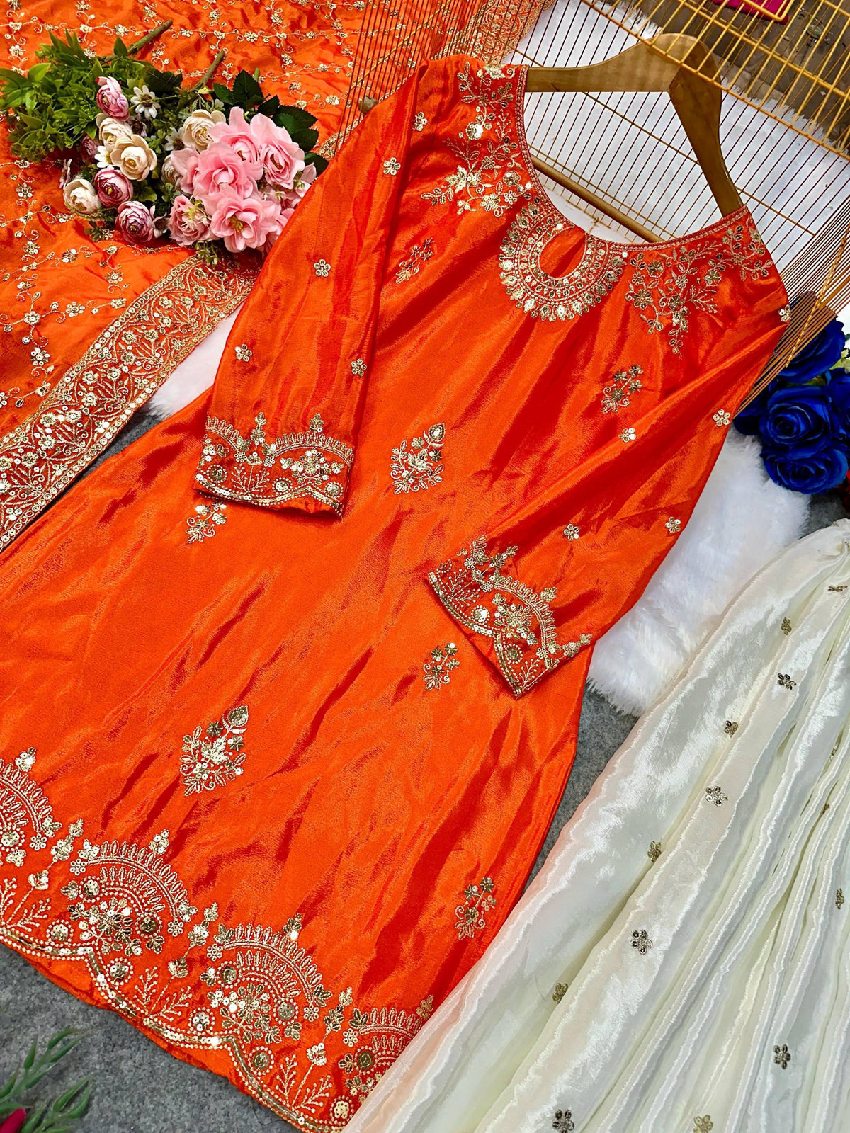 Premium Chinon Silk Heavy Embroidered Top Palazzo & Dupatta Set