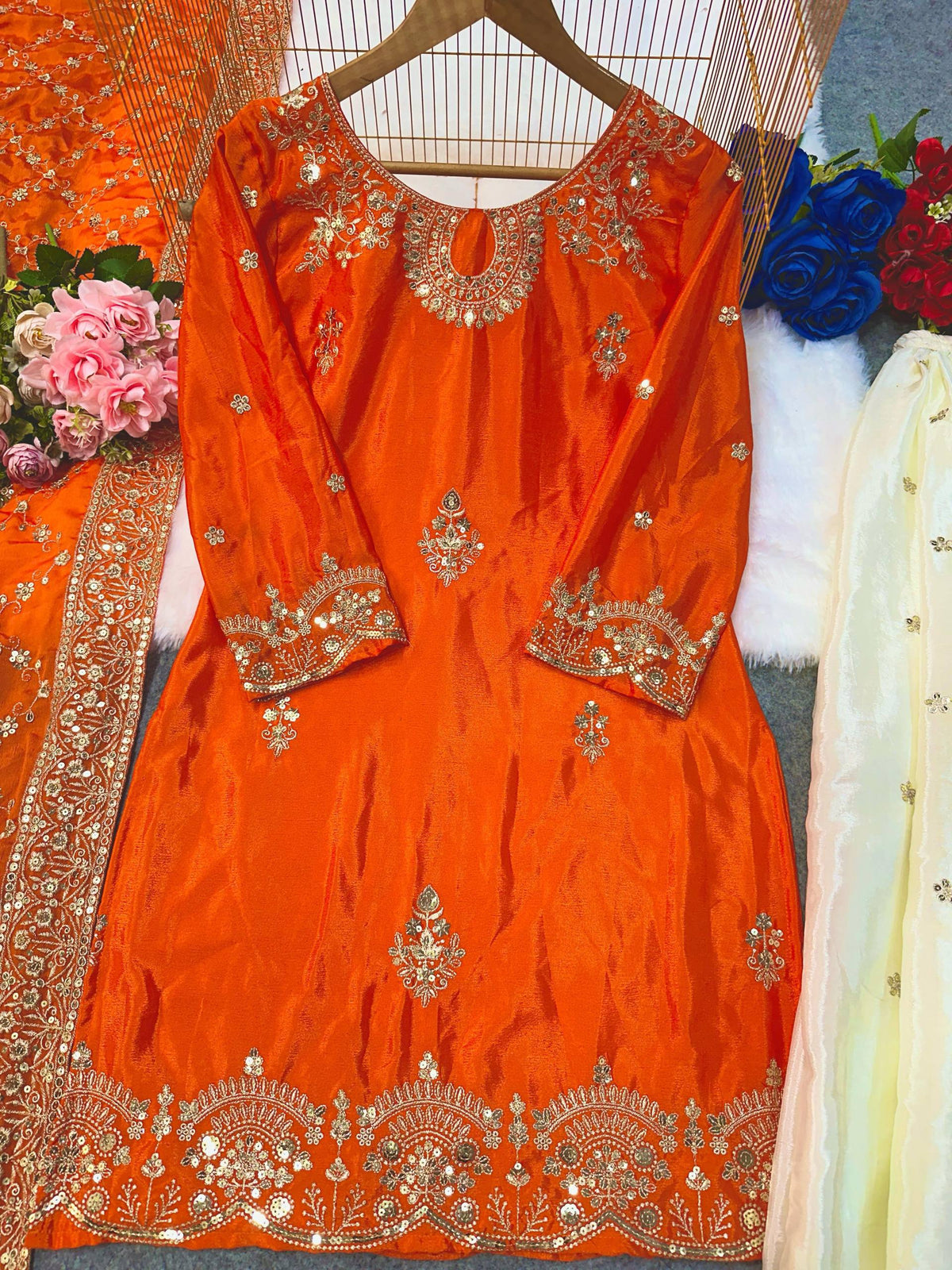 Premium Chinon Silk Heavy Embroidered Top Palazzo & Dupatta Set