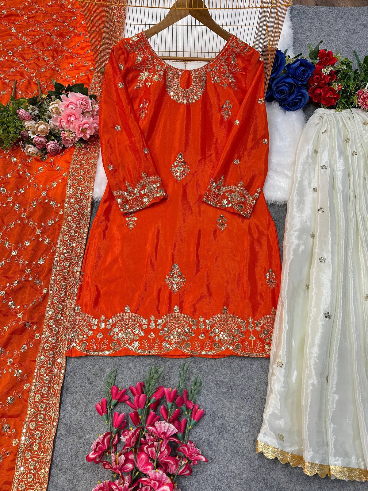 Premium Chinon Silk Heavy Embroidered Top Palazzo & Dupatta Set