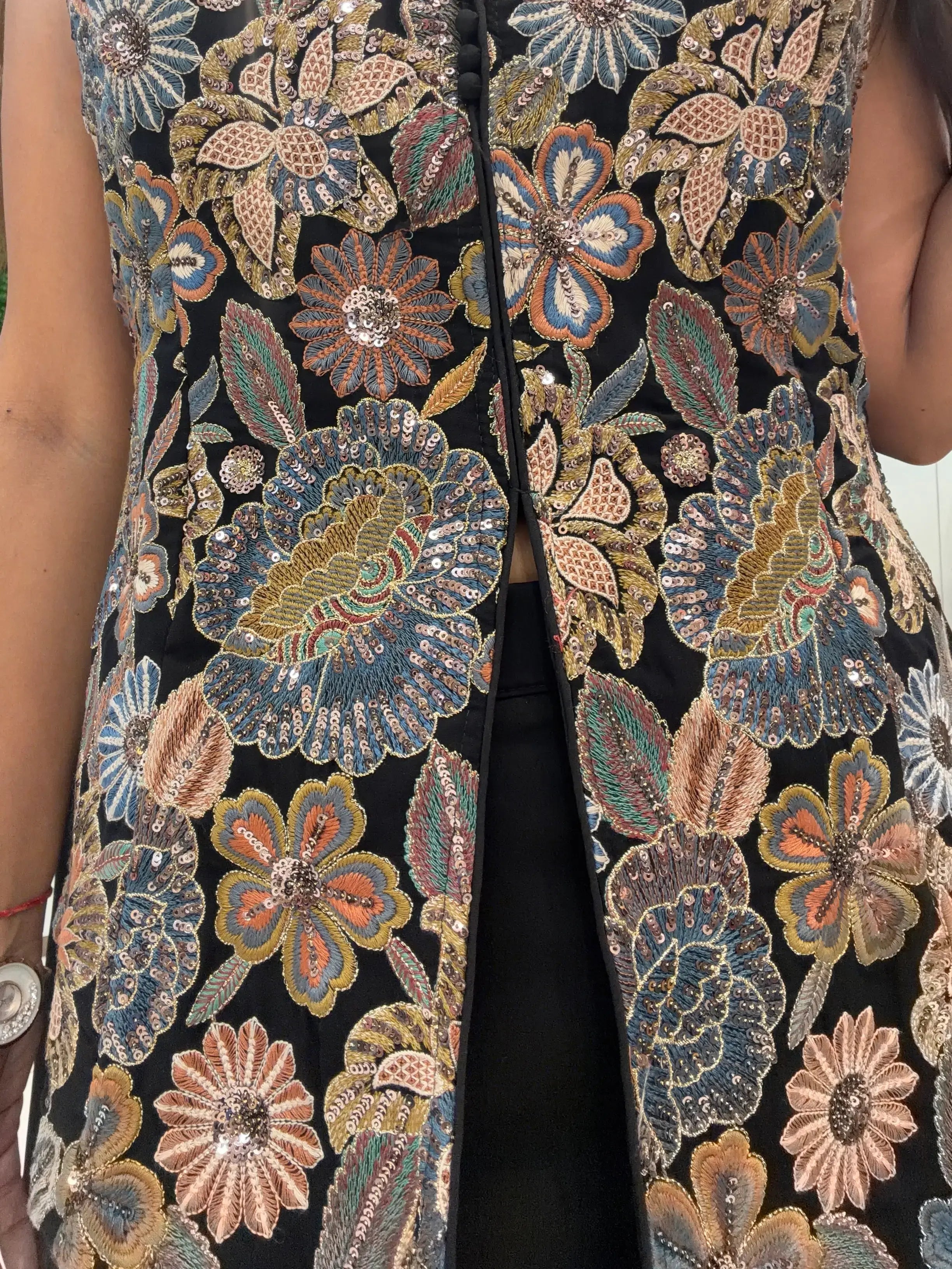 Black Multi-Color Floral Embroidered Jacket Set With Dupatta