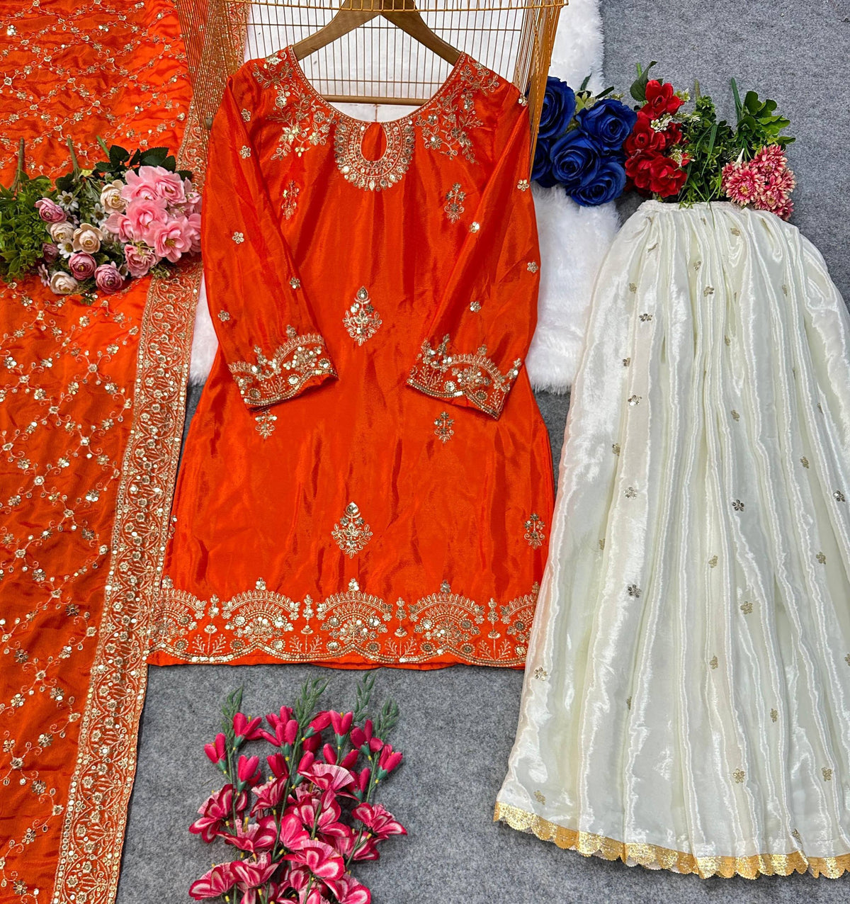 Premium Chinon Silk Heavy Embroidered Top Palazzo & Dupatta Set