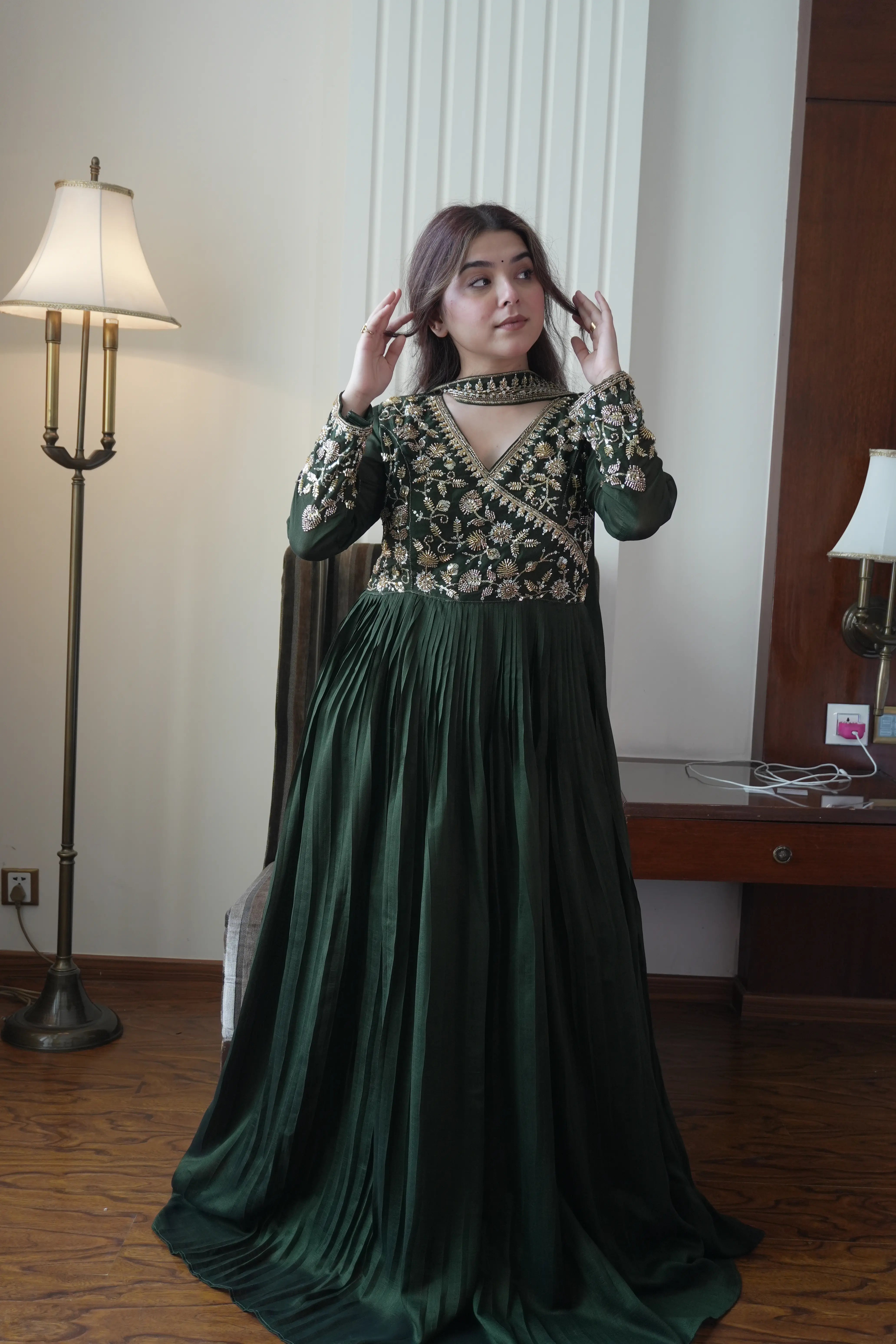 Designer Blooming Vichitra Gown with Beads & Sequins Embroidery Dupatta