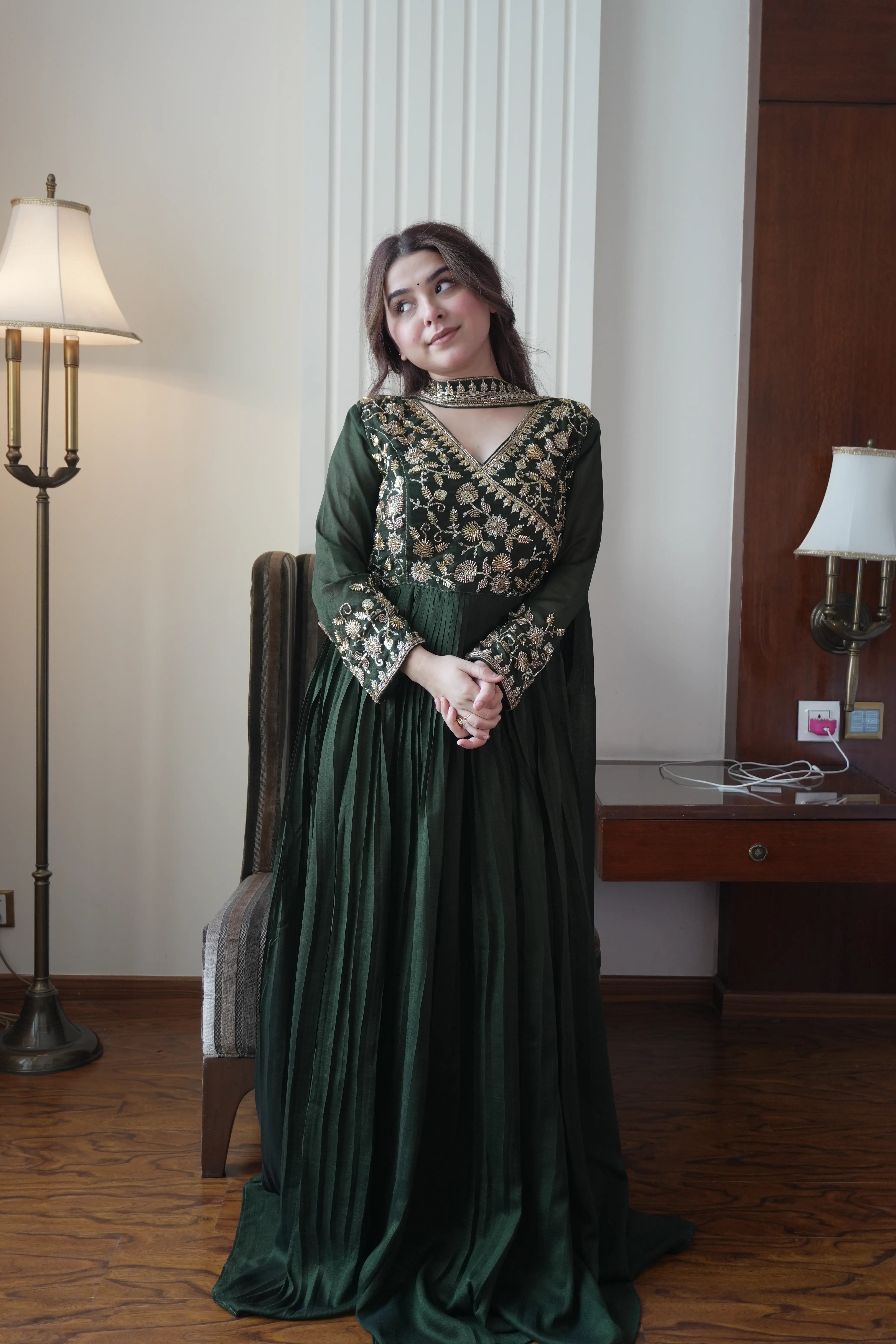 Designer Blooming Vichitra Gown with Beads & Sequins Embroidery Dupatta