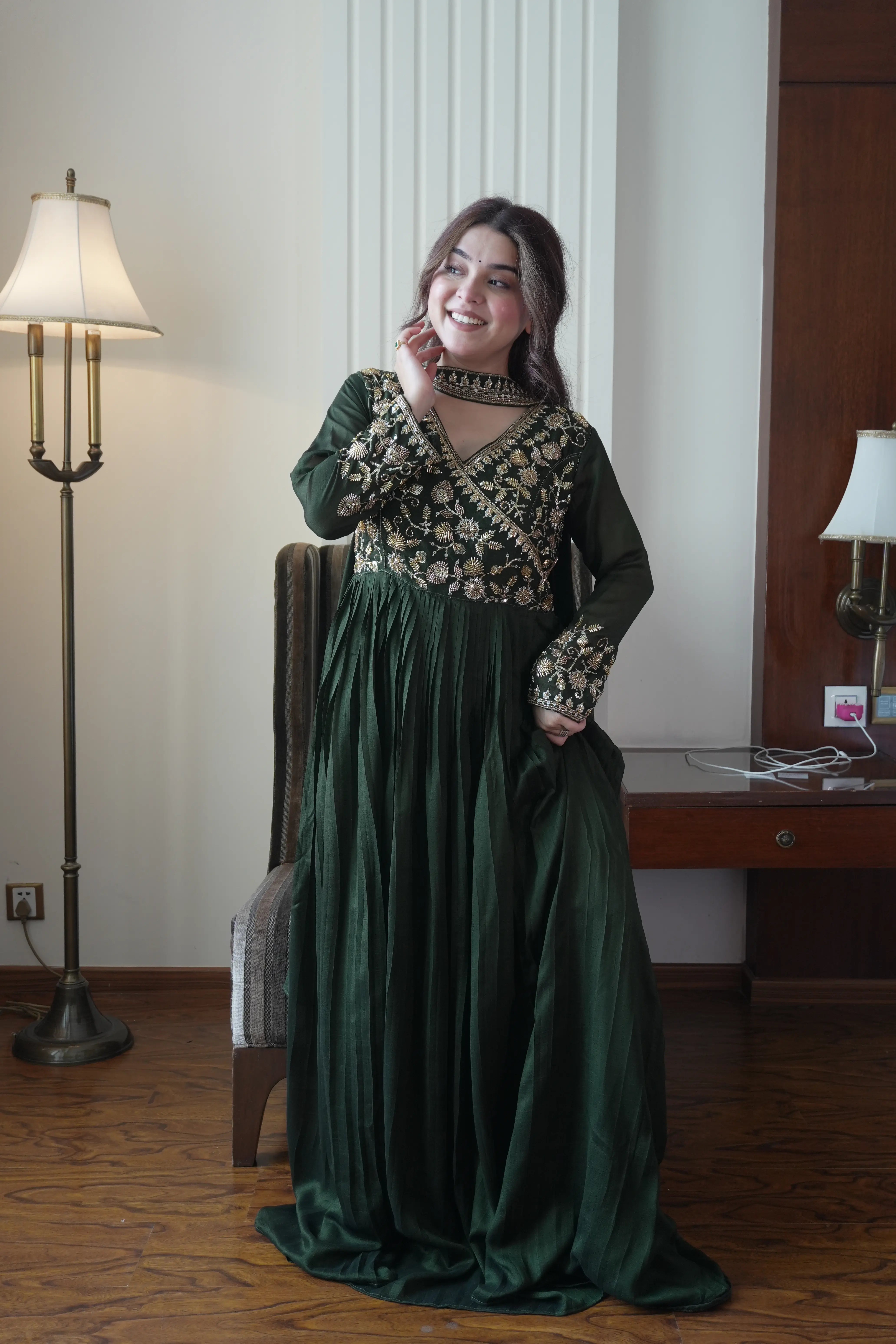 Designer Blooming Vichitra Gown with Beads & Sequins Embroidery Dupatta