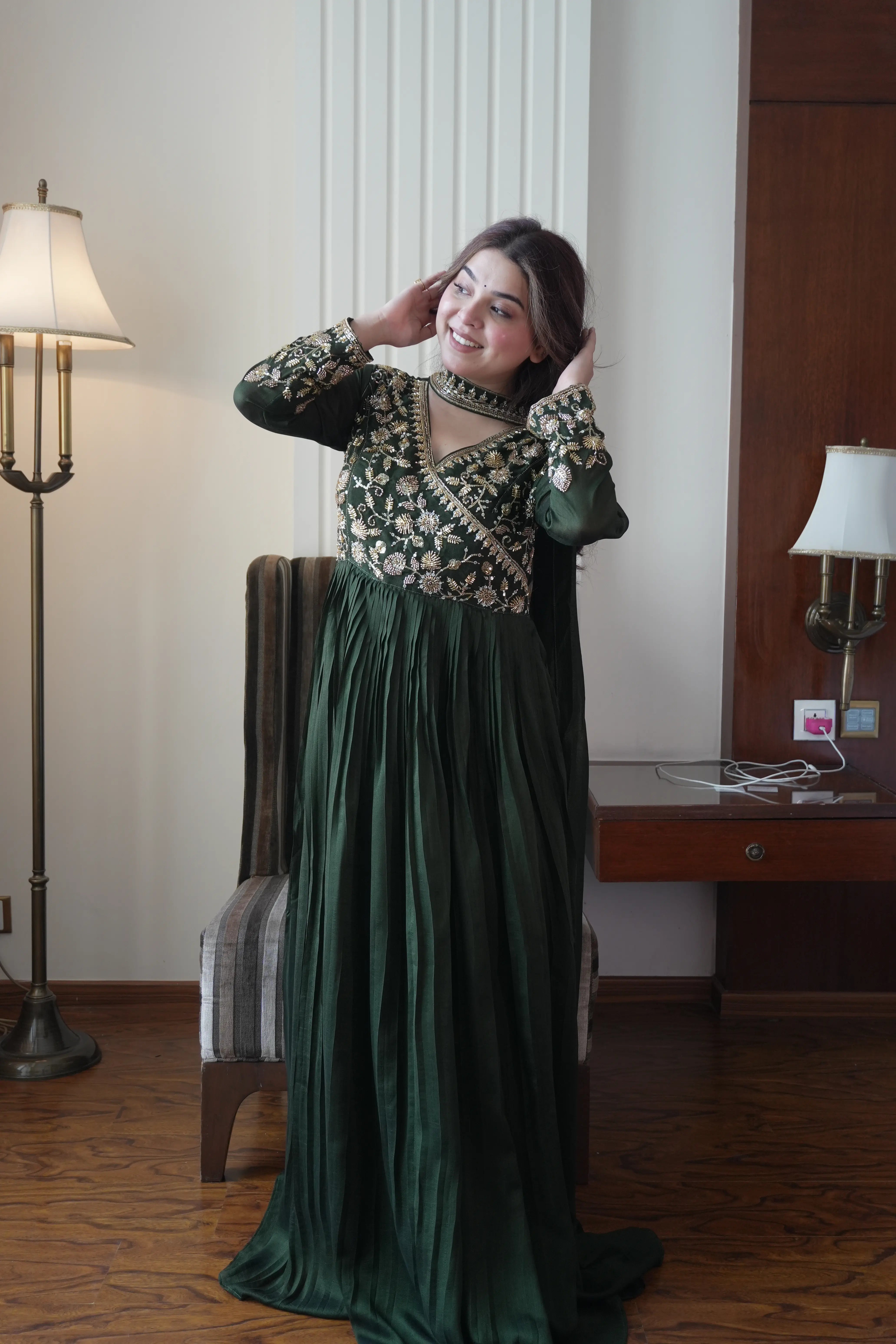 Designer Blooming Vichitra Gown with Beads & Sequins Embroidery Dupatta