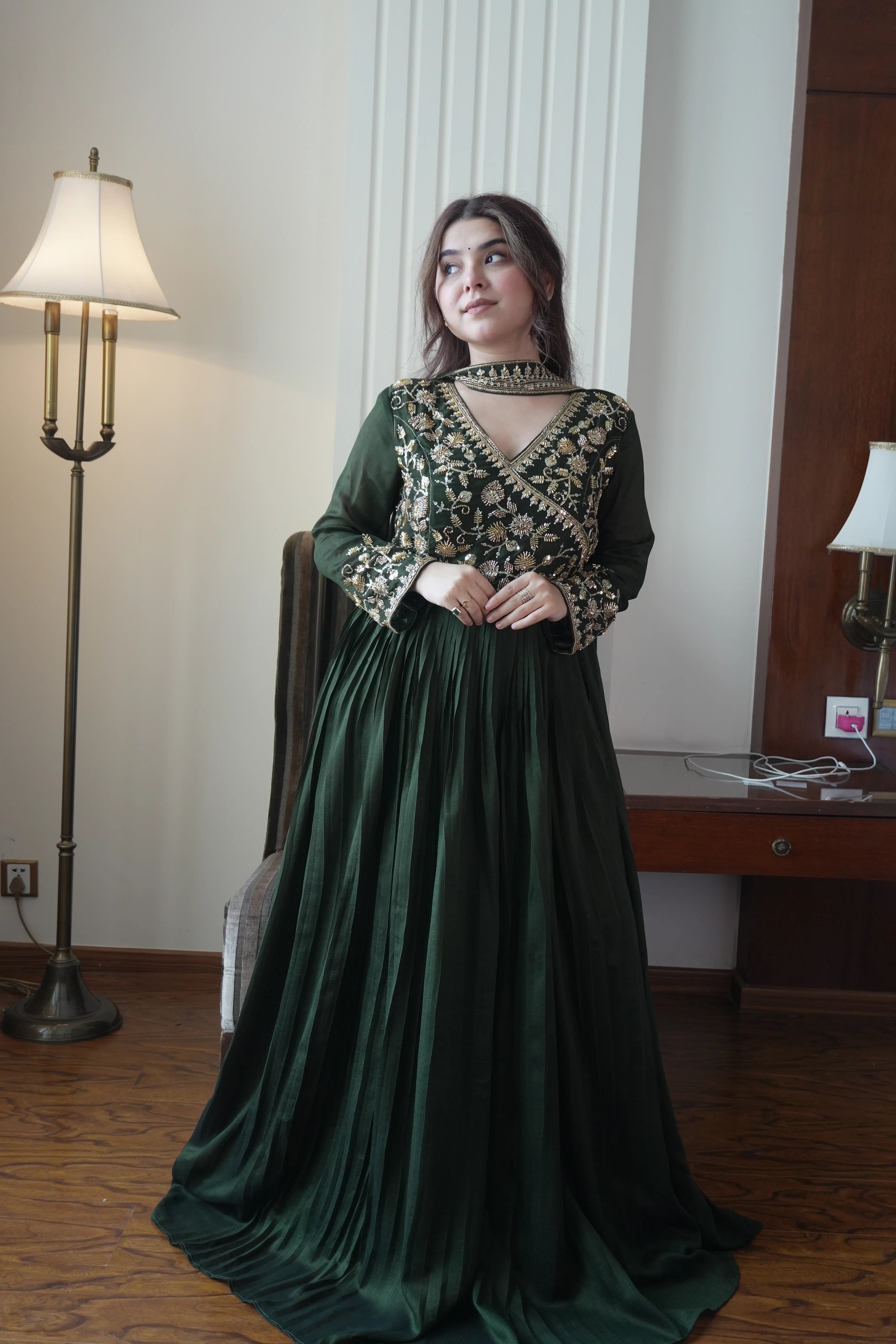 Designer Blooming Vichitra Gown with Beads & Sequins Embroidery Dupatta
