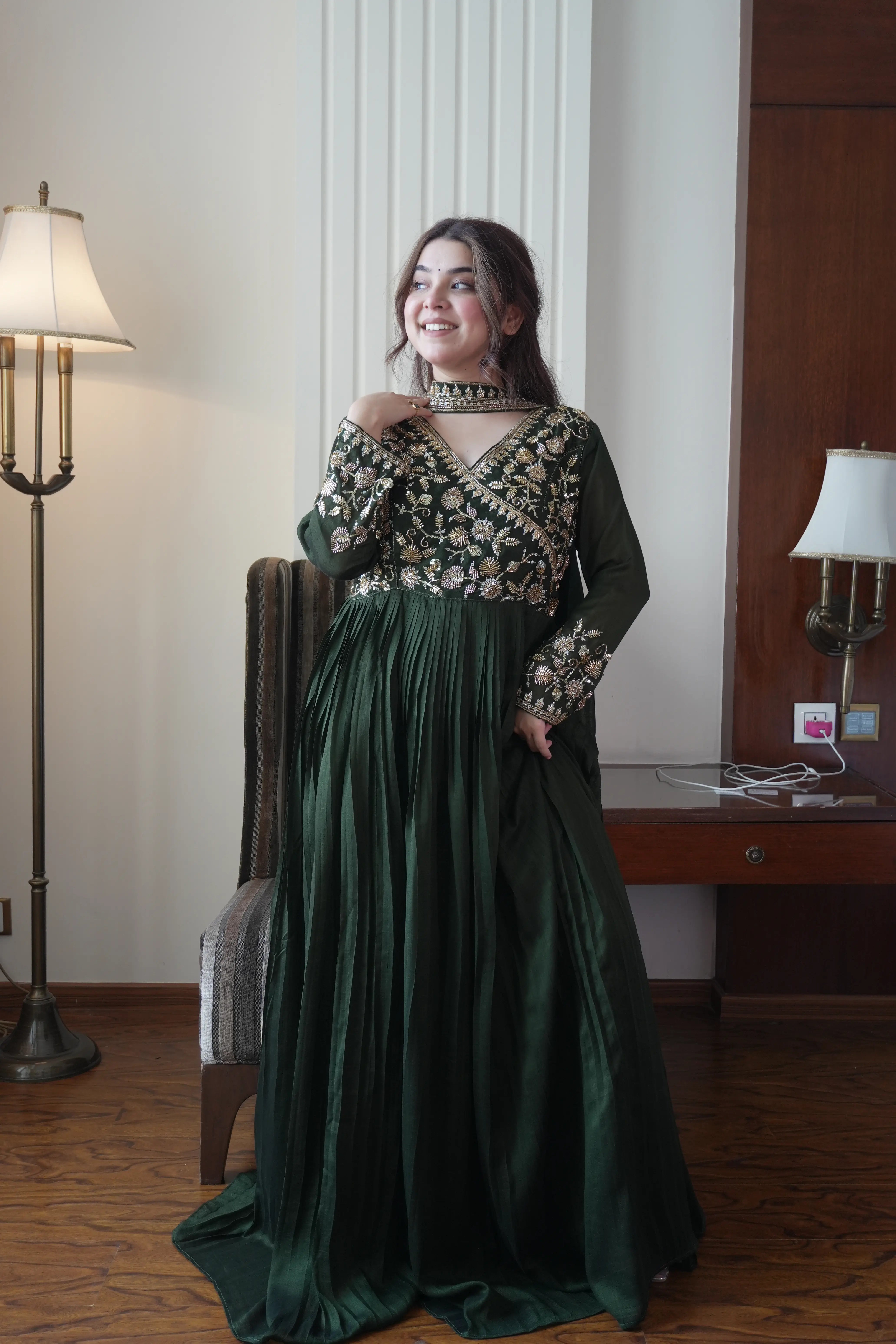Designer Blooming Vichitra Gown with Beads & Sequins Embroidery Dupatta