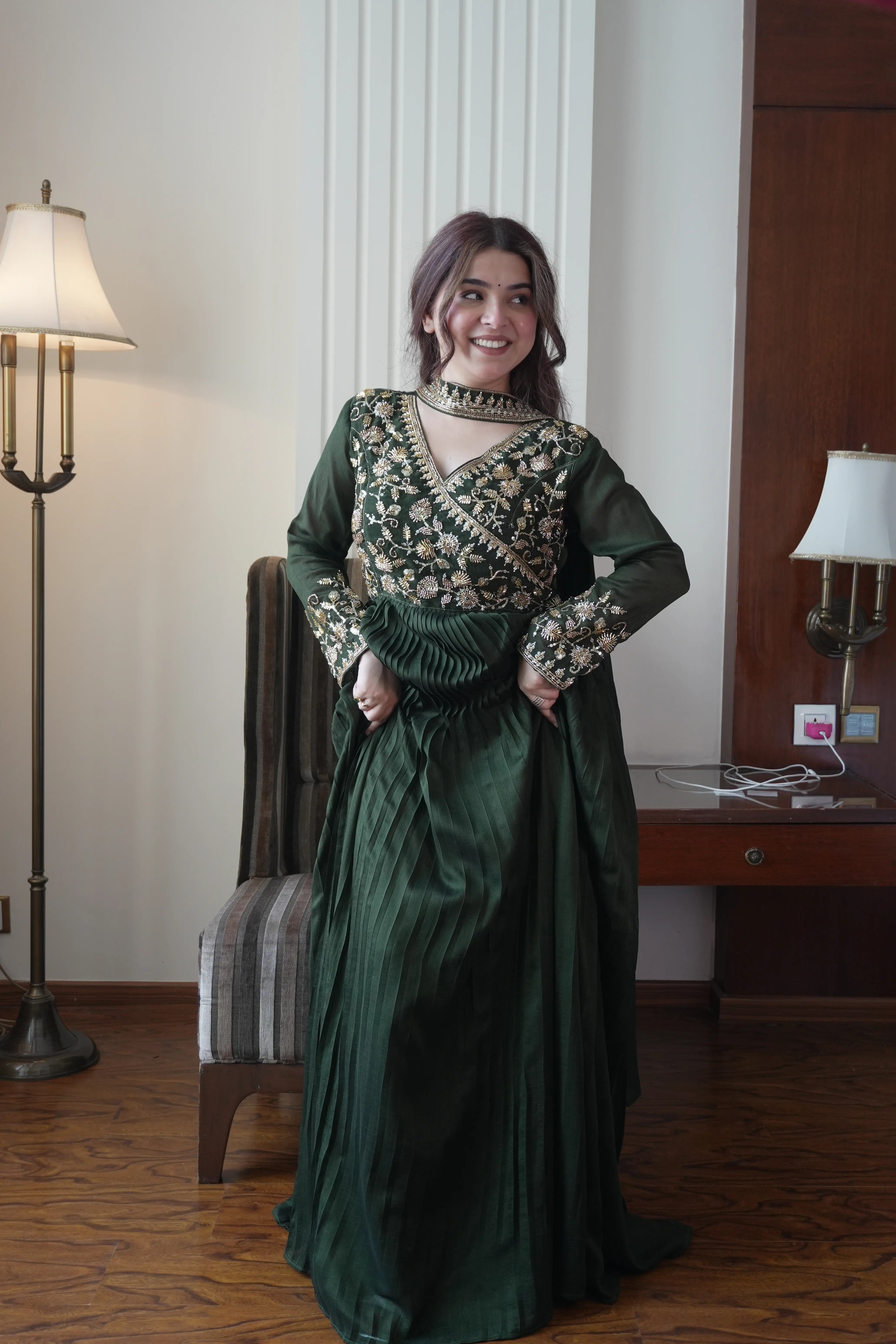 Designer Blooming Vichitra Gown with Beads & Sequins Embroidery Dupatta