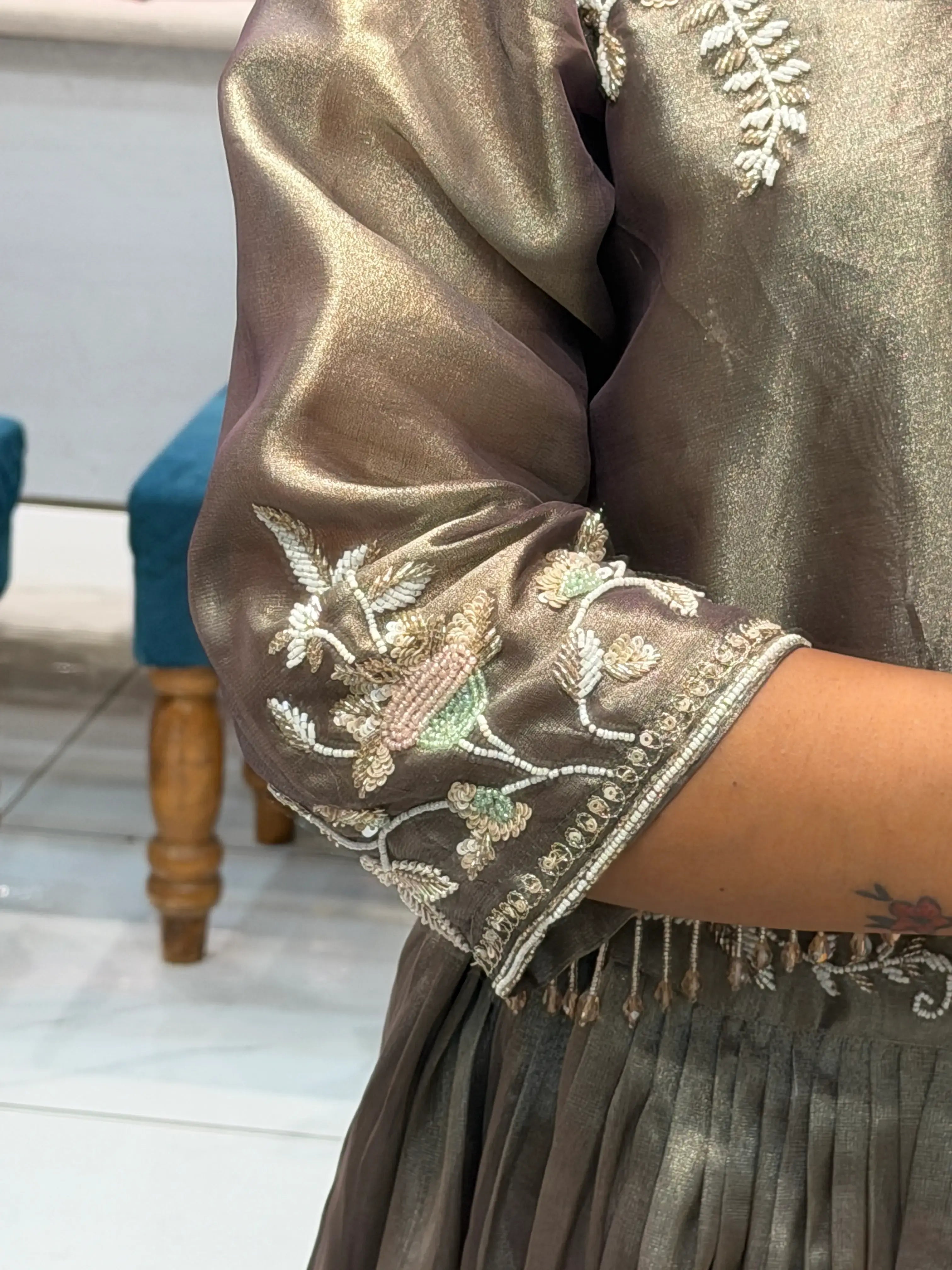 Metallic Bronze Hand-Embroidered Crop Top & Skirt Set