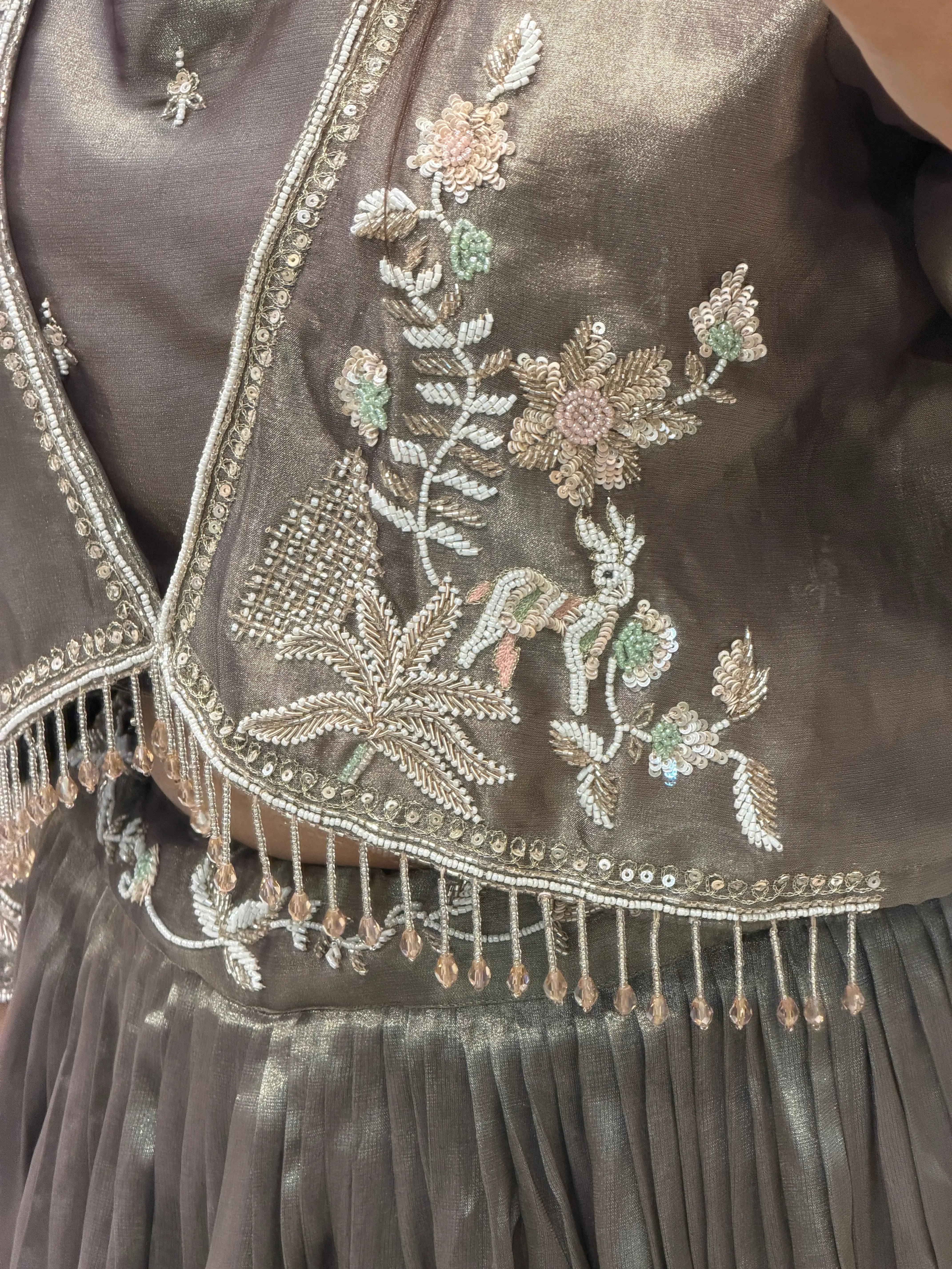 Metallic Bronze Hand-Embroidered Crop Top & Skirt Set