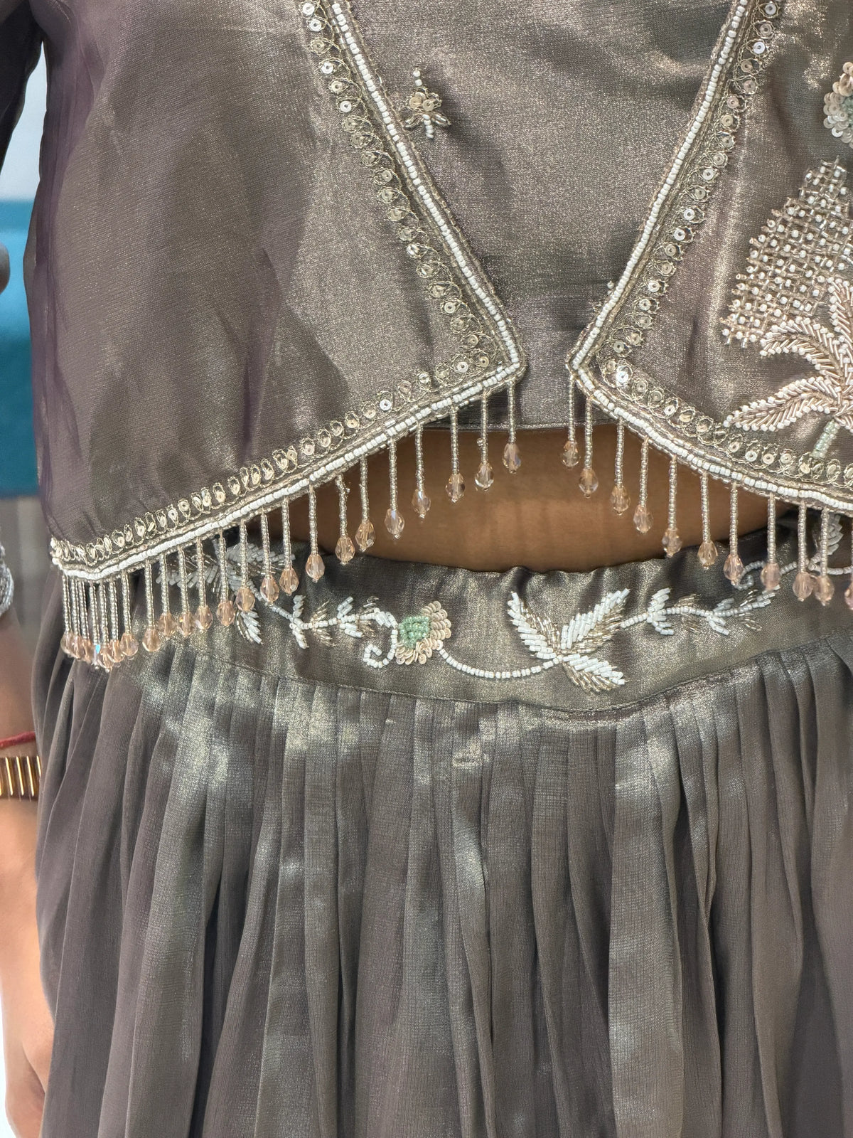 Metallic Bronze Hand-Embroidered Crop Top & Skirt Set