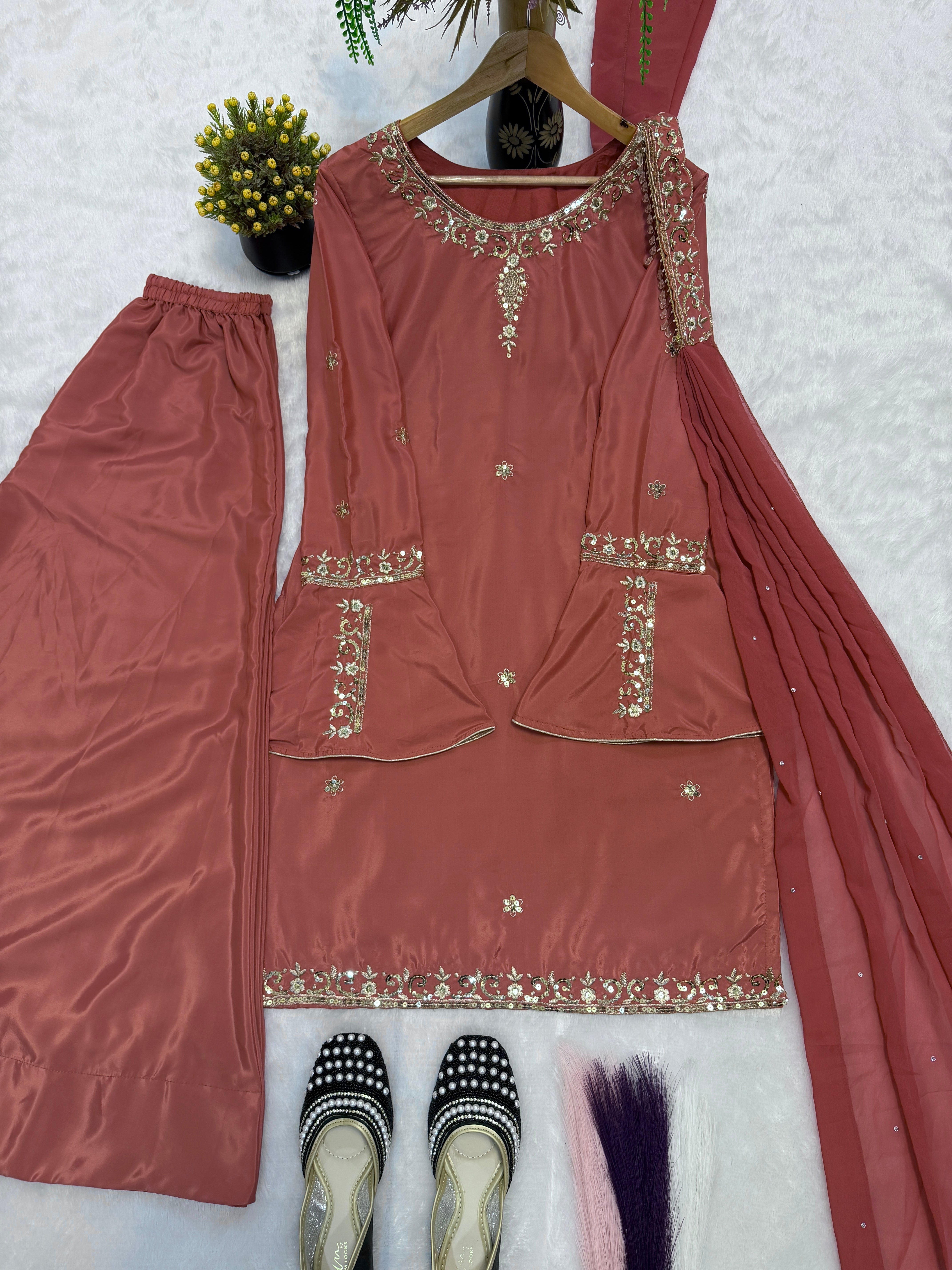 Luxury Embroidered Crepe Silk Farsi Salwar Set with Dupatta