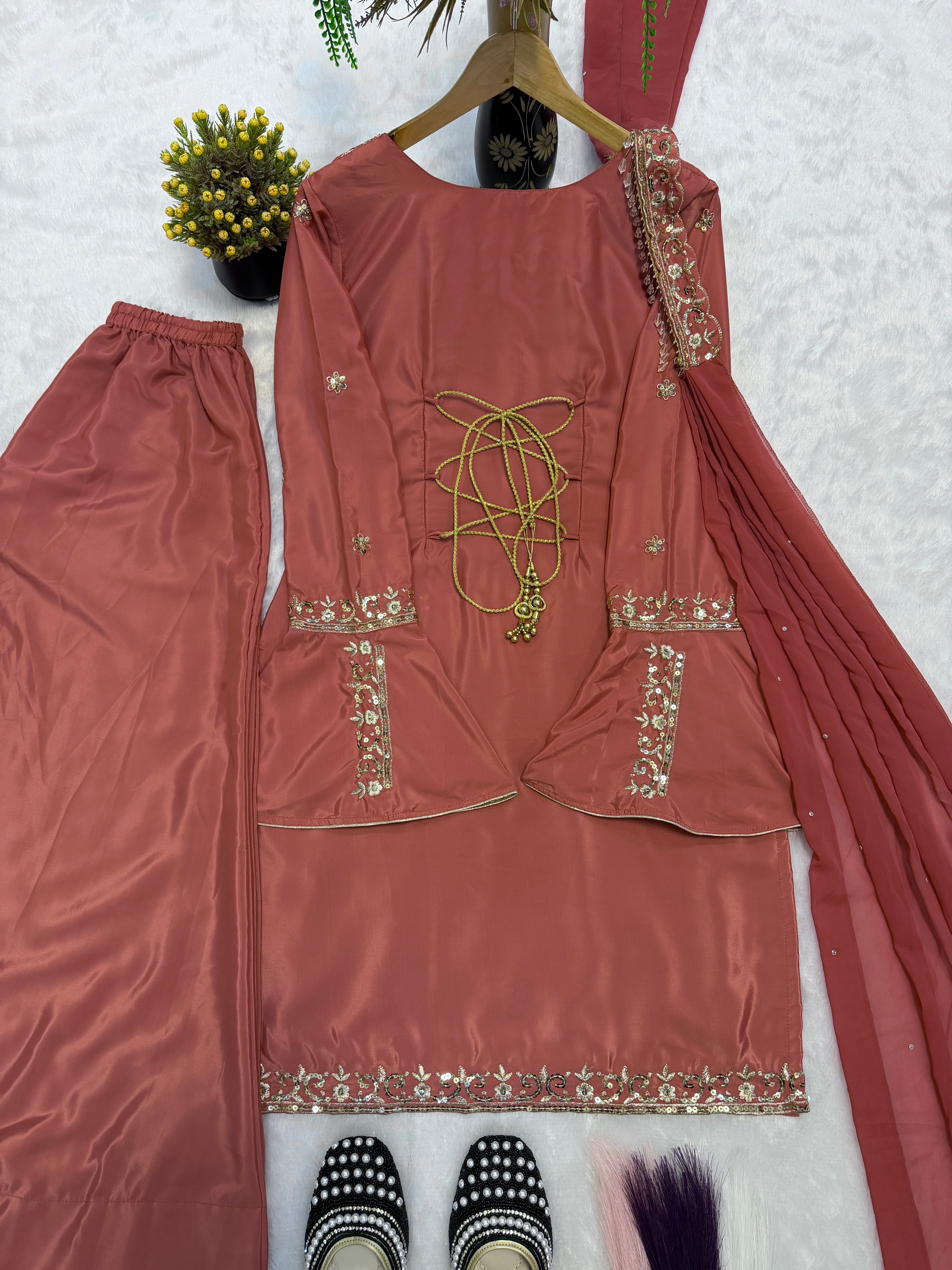 Luxury Embroidered Crepe Silk Farsi Salwar Set with Dupatta