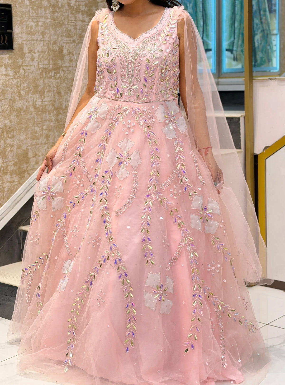 Blush Pink Embellished Net Gown with Cape Sleeves & Crystal Work