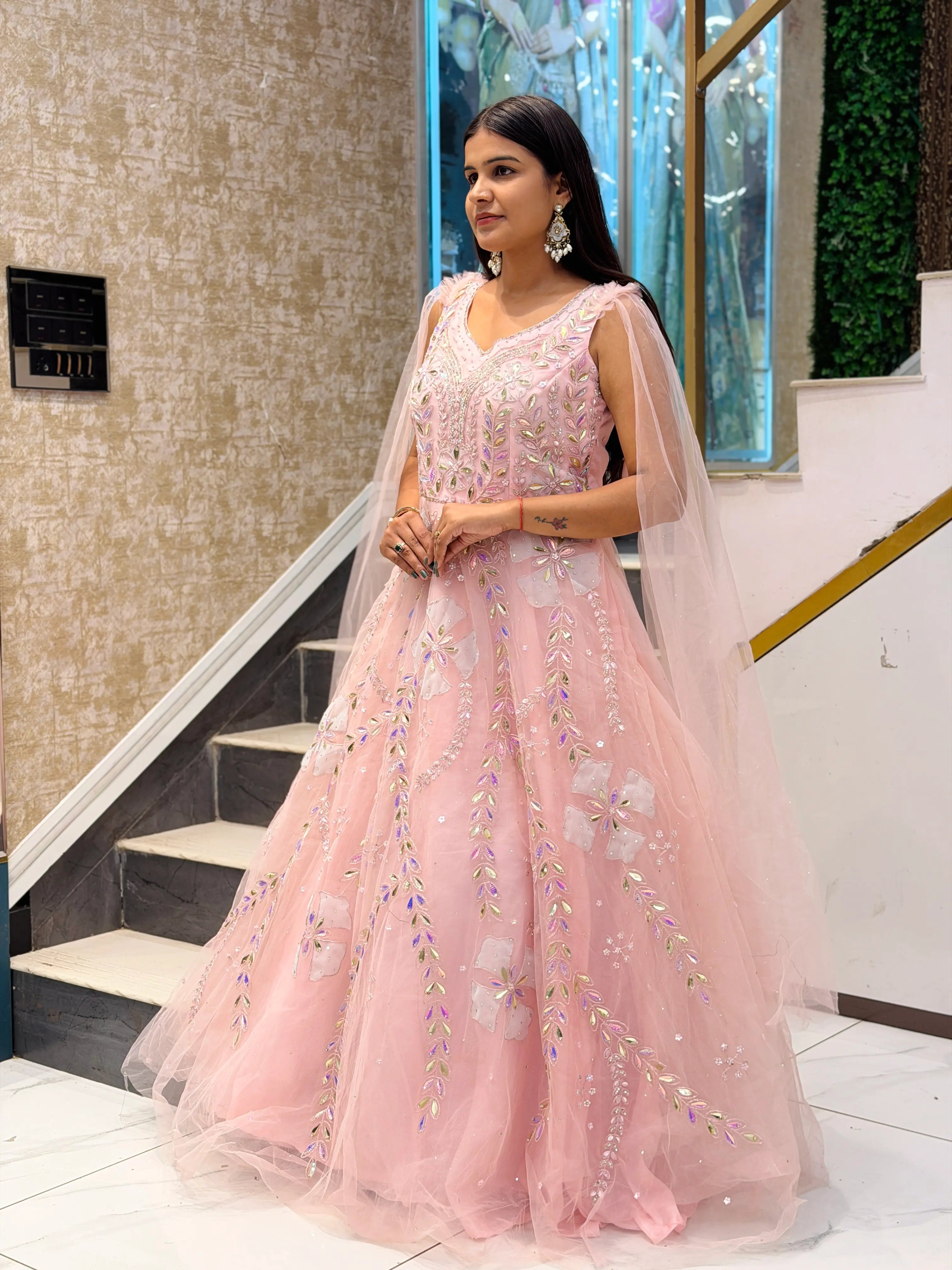 Blush Pink Embellished Net Gown with Cape Sleeves & Crystal Work