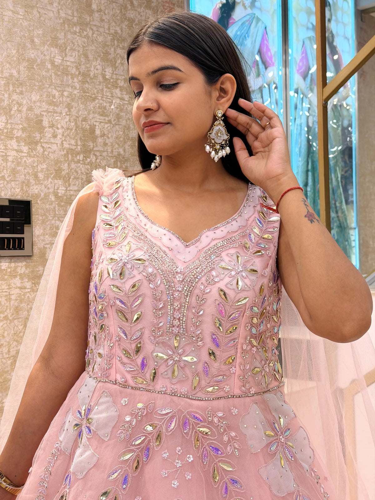 Blush Pink Embellished Net Gown with Cape Sleeves & Crystal Work