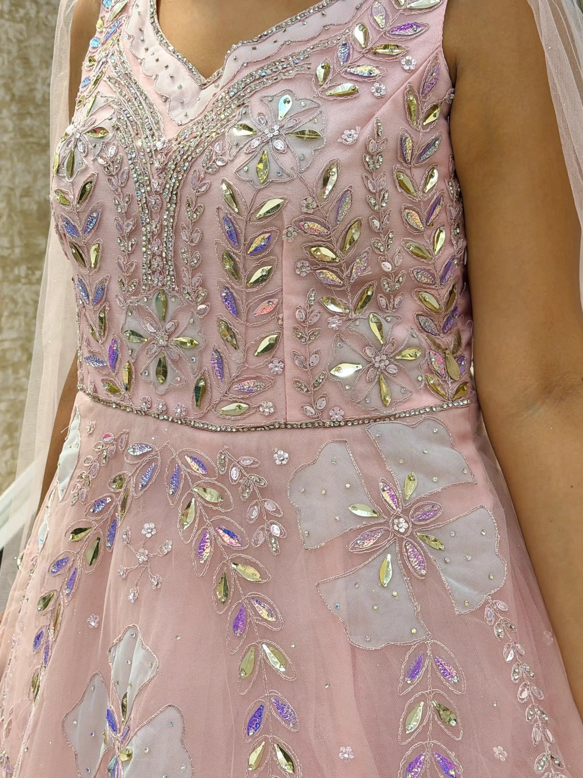 Blush Pink Embellished Net Gown with Cape Sleeves & Crystal Work