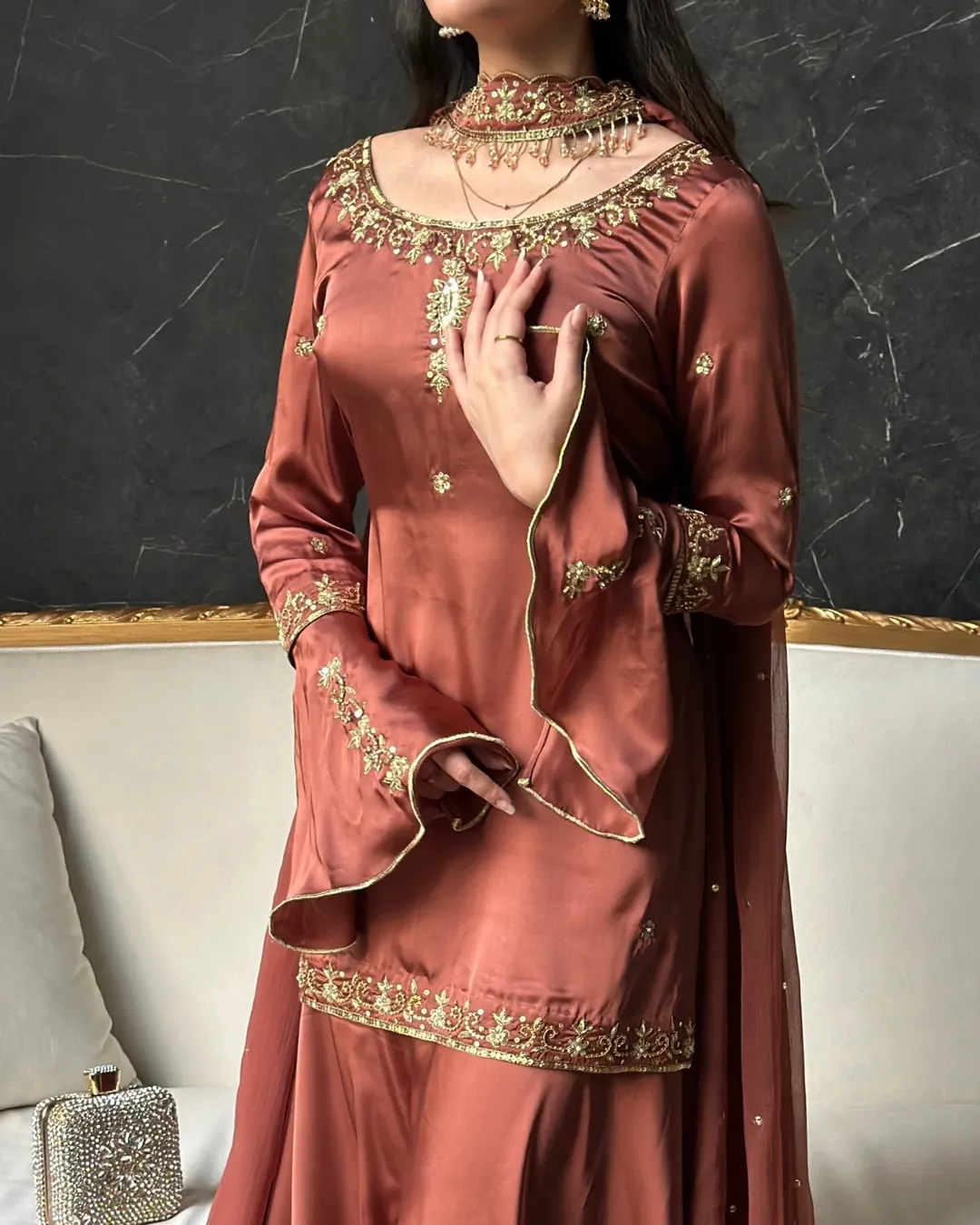 Luxury Embroidered Crepe Silk Farsi Salwar Set with Dupatta
