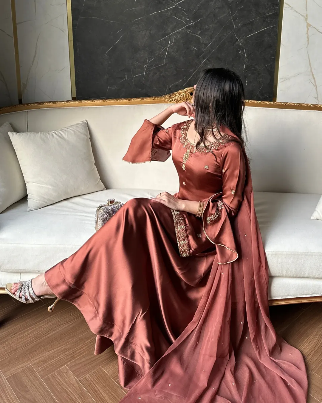 Luxury Embroidered Crepe Silk Farsi Salwar Set with Dupatta