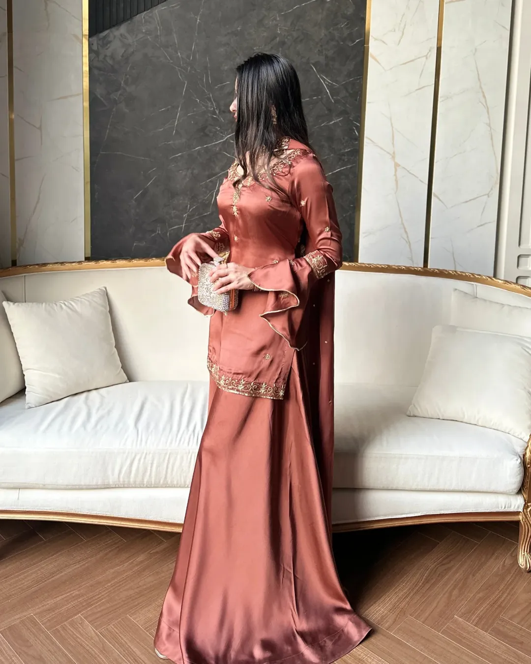Luxury Embroidered Crepe Silk Farsi Salwar Set with Dupatta
