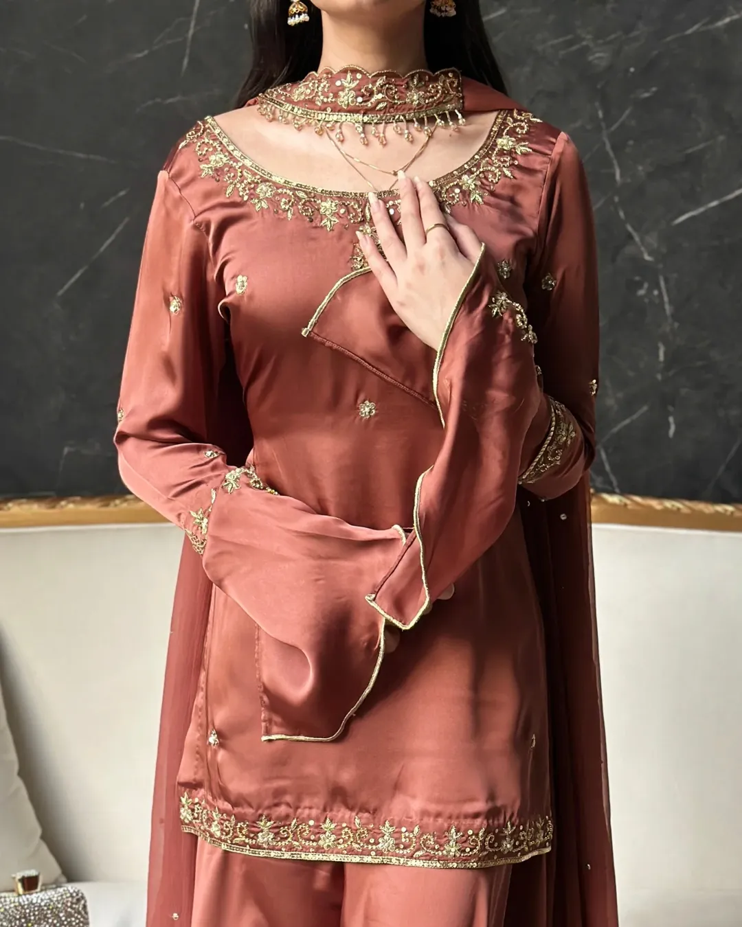 Luxury Embroidered Crepe Silk Farsi Salwar Set with Dupatta