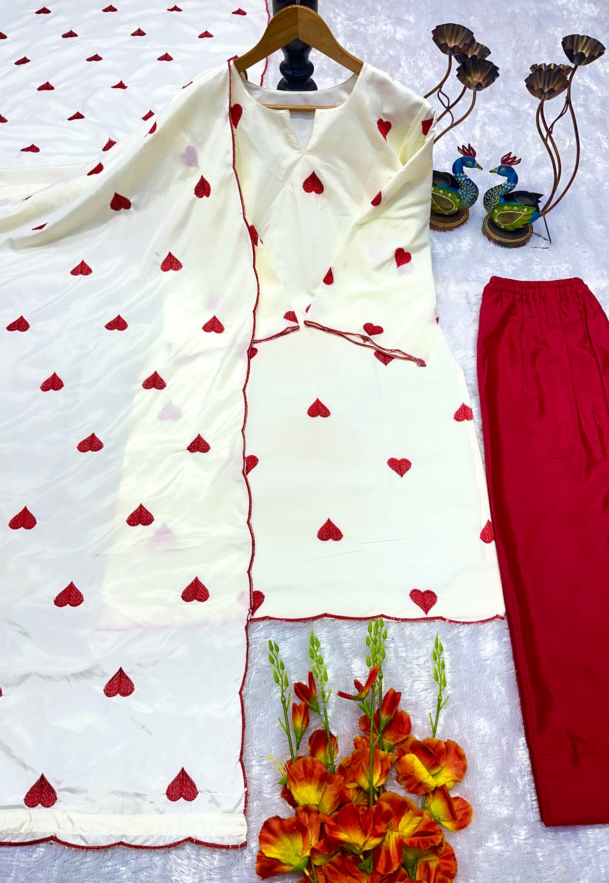 Premium Natural Crepe Embroidered Top Salwar & Dupatta Set