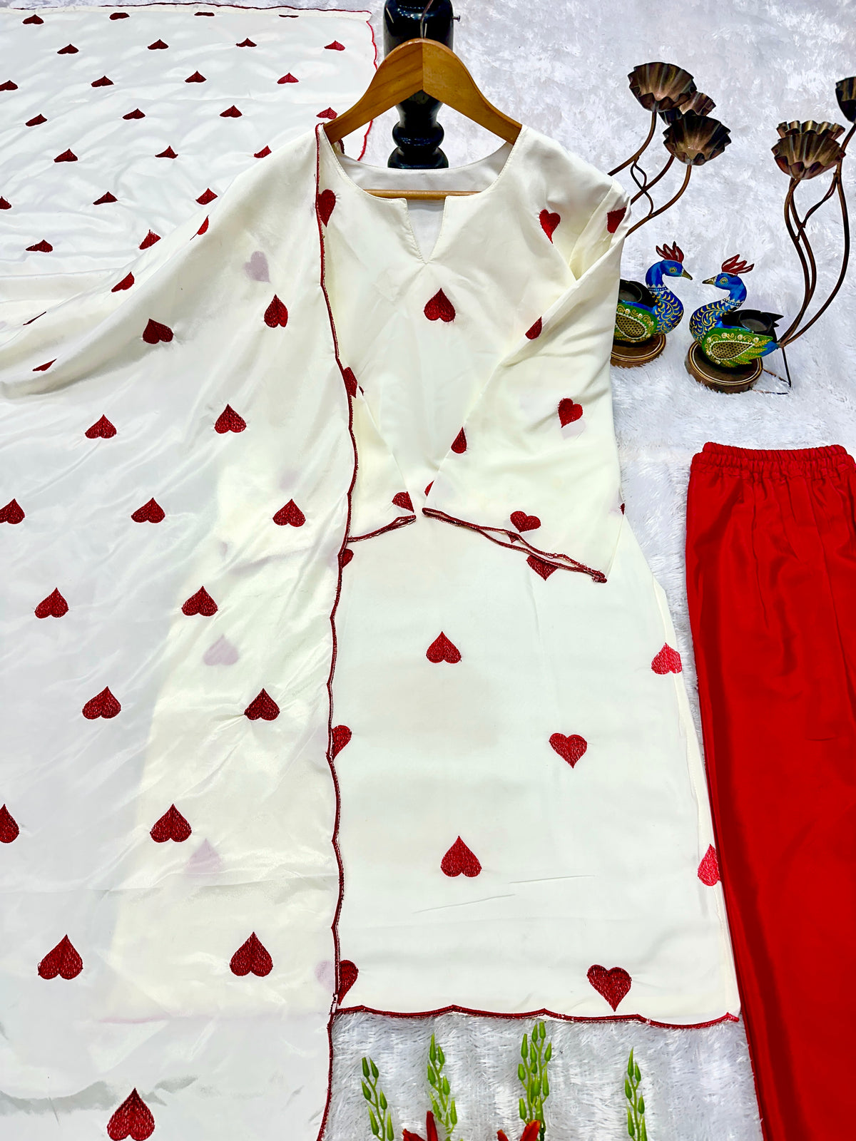 Premium Natural Crepe Embroidered Top Salwar & Dupatta Set