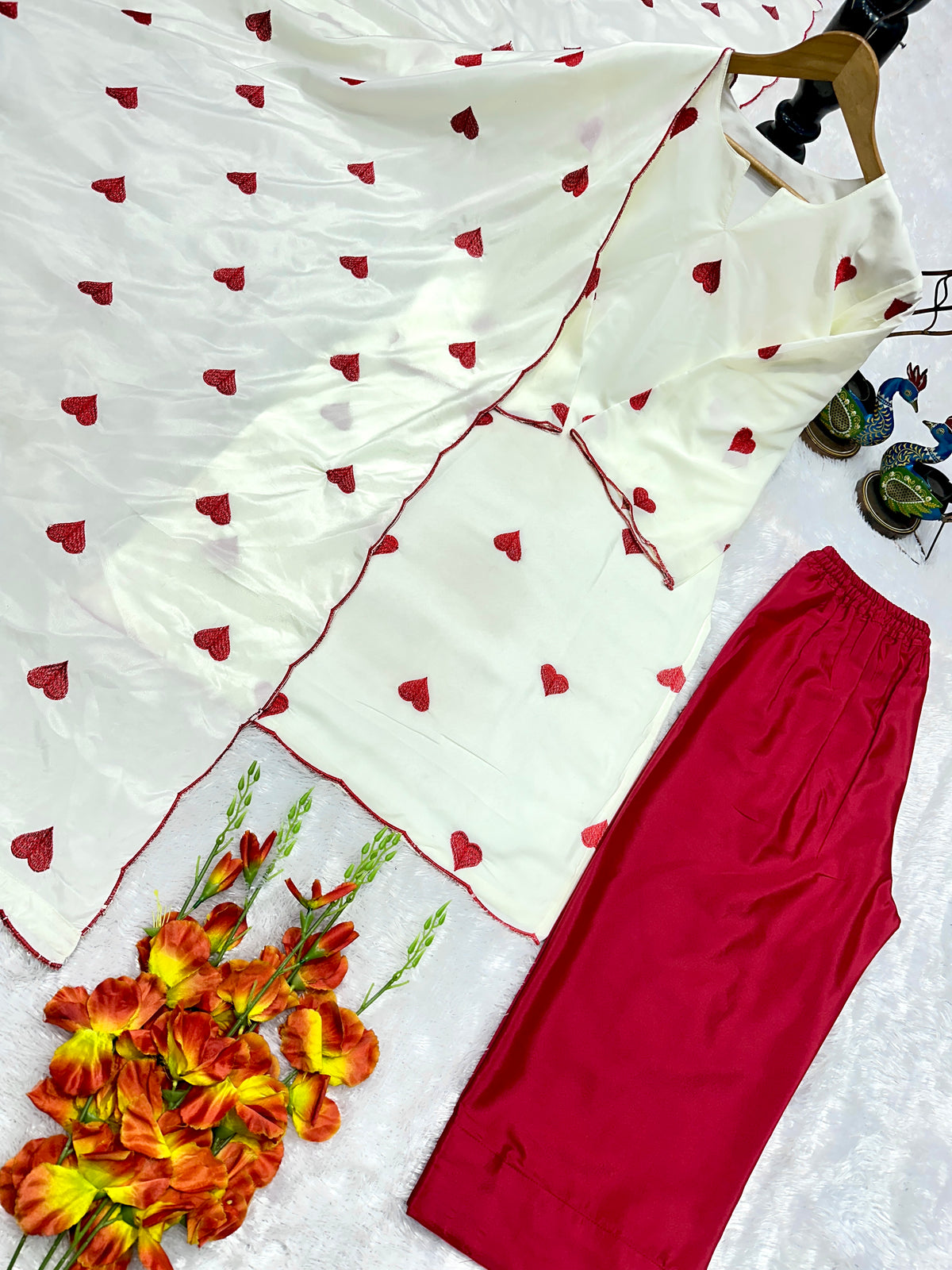 Premium Natural Crepe Embroidered Top Salwar & Dupatta Set
