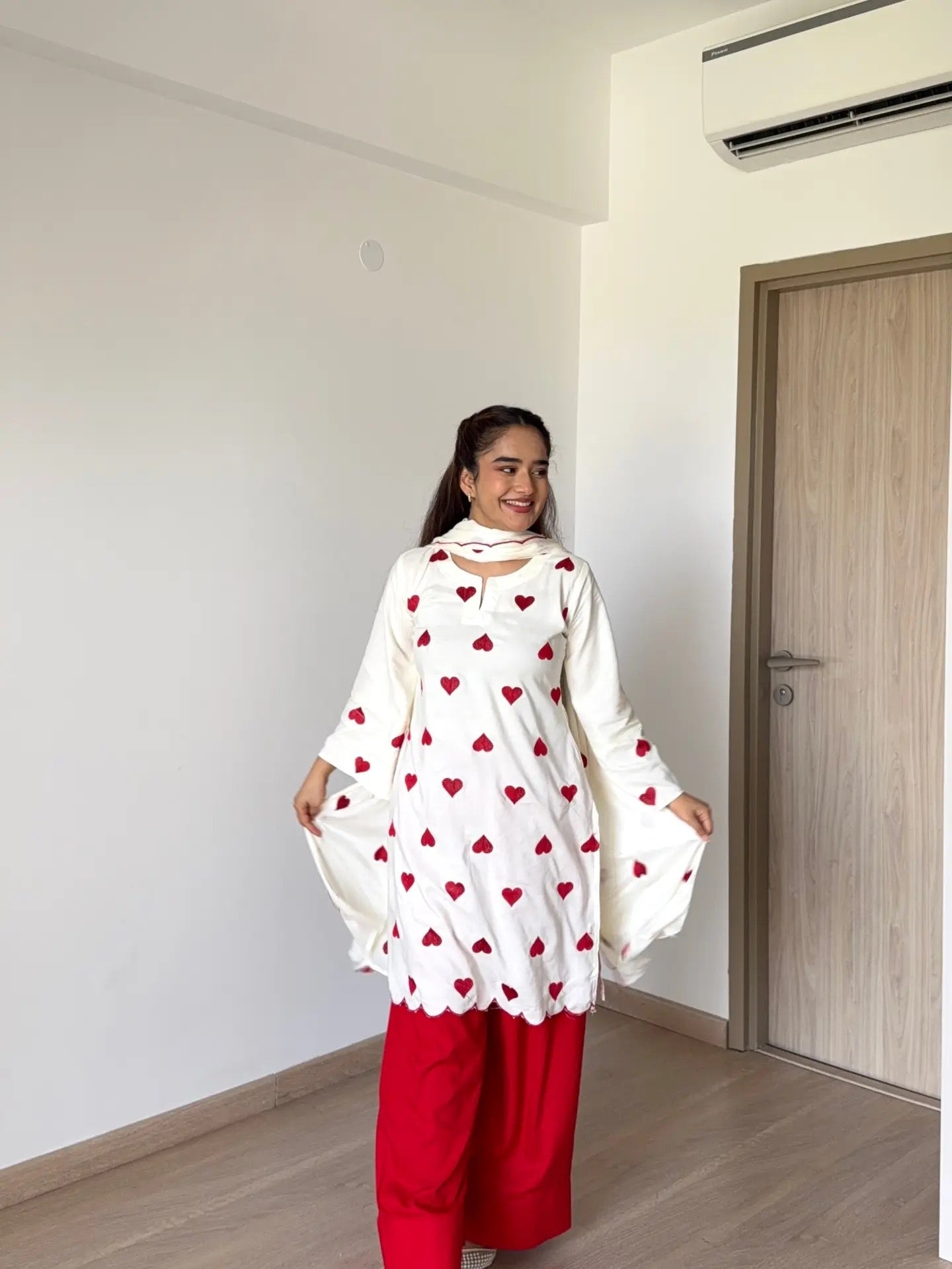 Premium Natural Crepe Embroidered Top Salwar & Dupatta Set