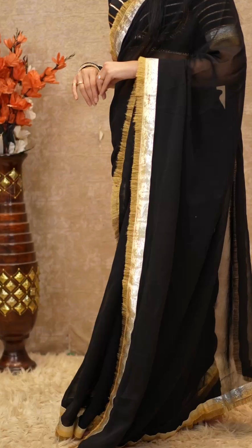 Pure Georgette Fabric Kaccha Gota Patti Work Saree with Aangi Style Blouse