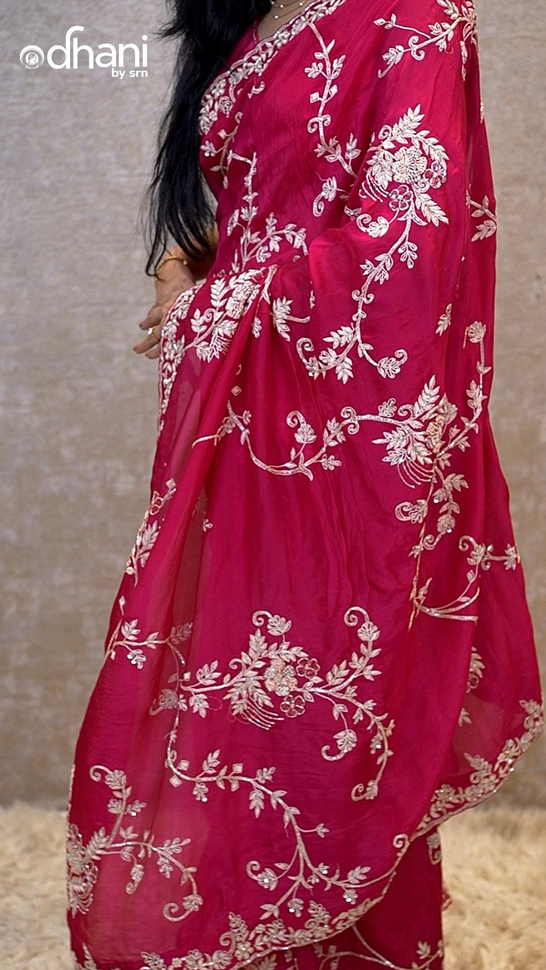 Pure Zardoji Kolkata Handwork Rani Pink Saree