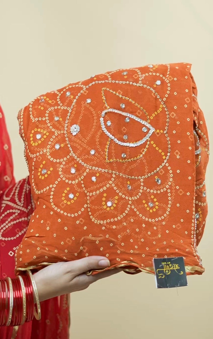 Traditional Red Georgette Bandhani Print Saree with Cutdana & Mirror Handwork (With Blouse)