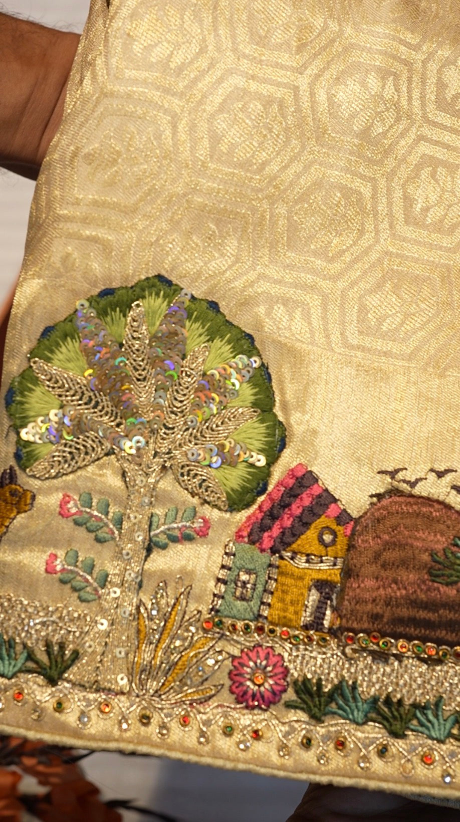 Pure Katan Silk Saree Embellished With Village Pattern Handwork (With Blouse) 