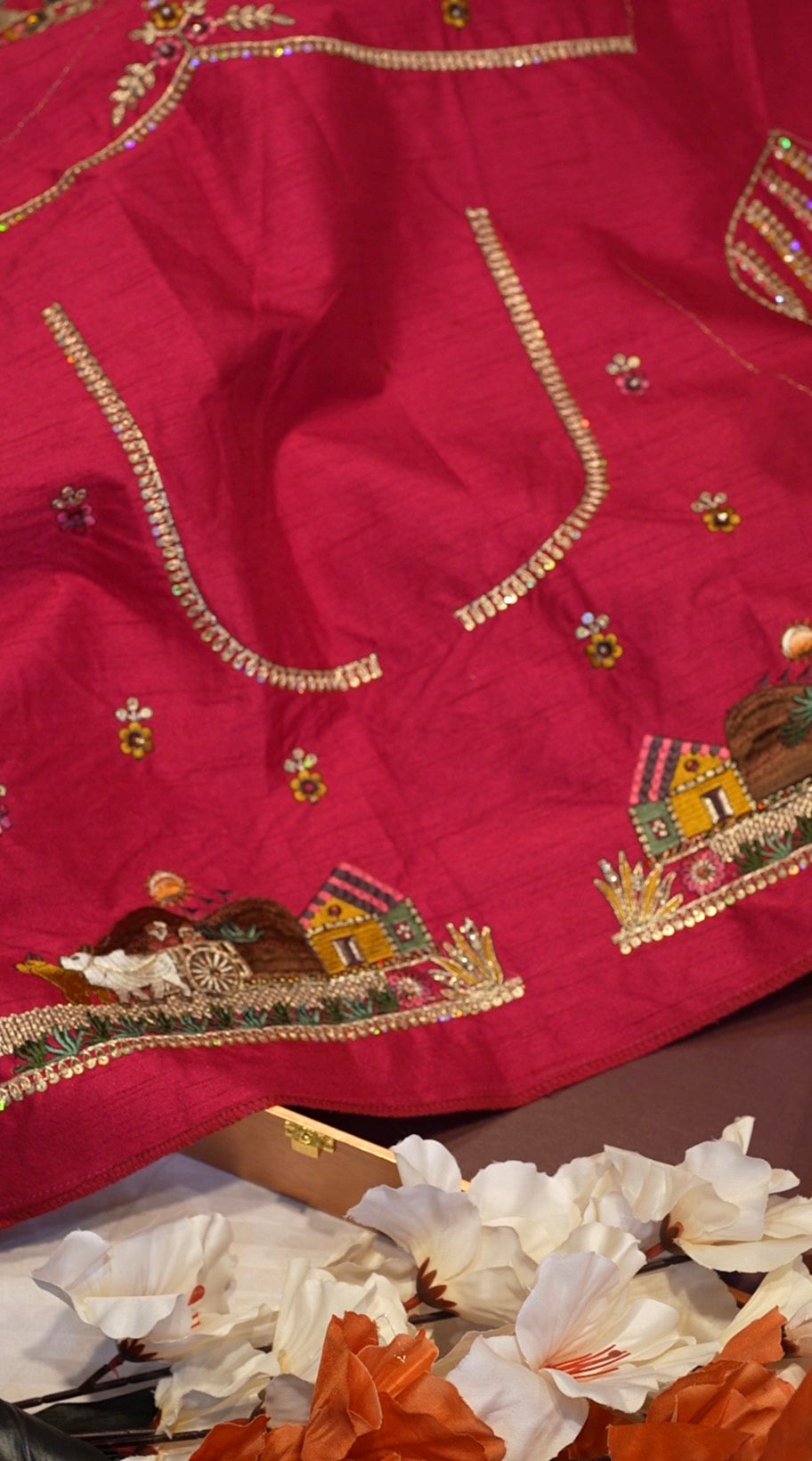 Pure Katan Silk Saree Embellished With Village Pattern Handwork (With Blouse) 