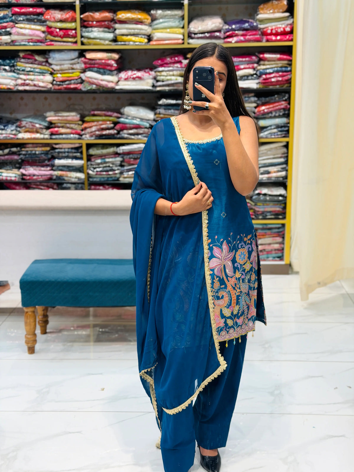 Full view of model wearing Peacock Blue Chanderi Silk Kurti Set with Brush Painting, Palazzo, and Lace Dupatta