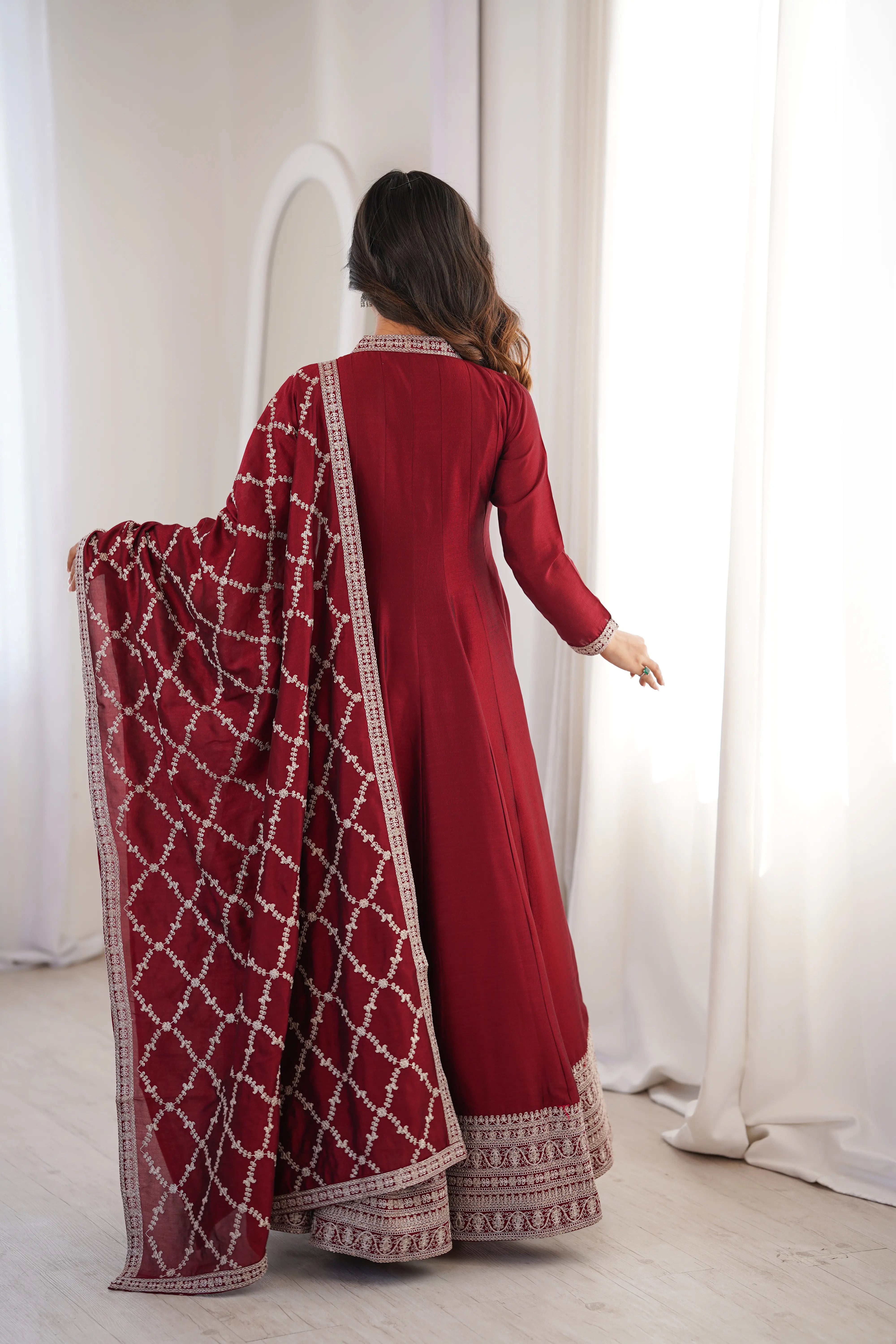Designer Vichitra Silk Full Kali Anarkali Gown with Embroidered Dupatta