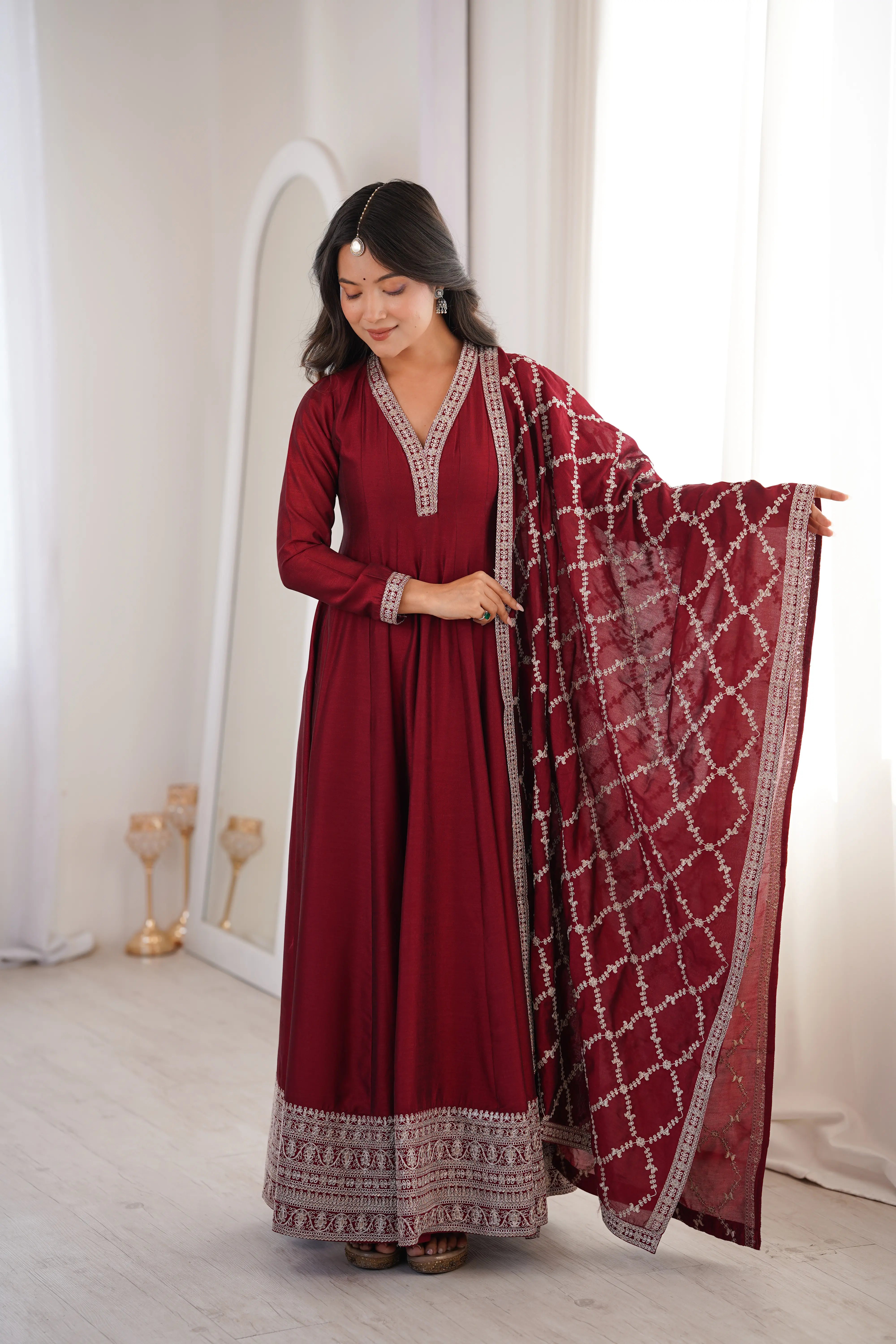 Designer Vichitra Silk Full Kali Anarkali Gown with Embroidered Dupatta