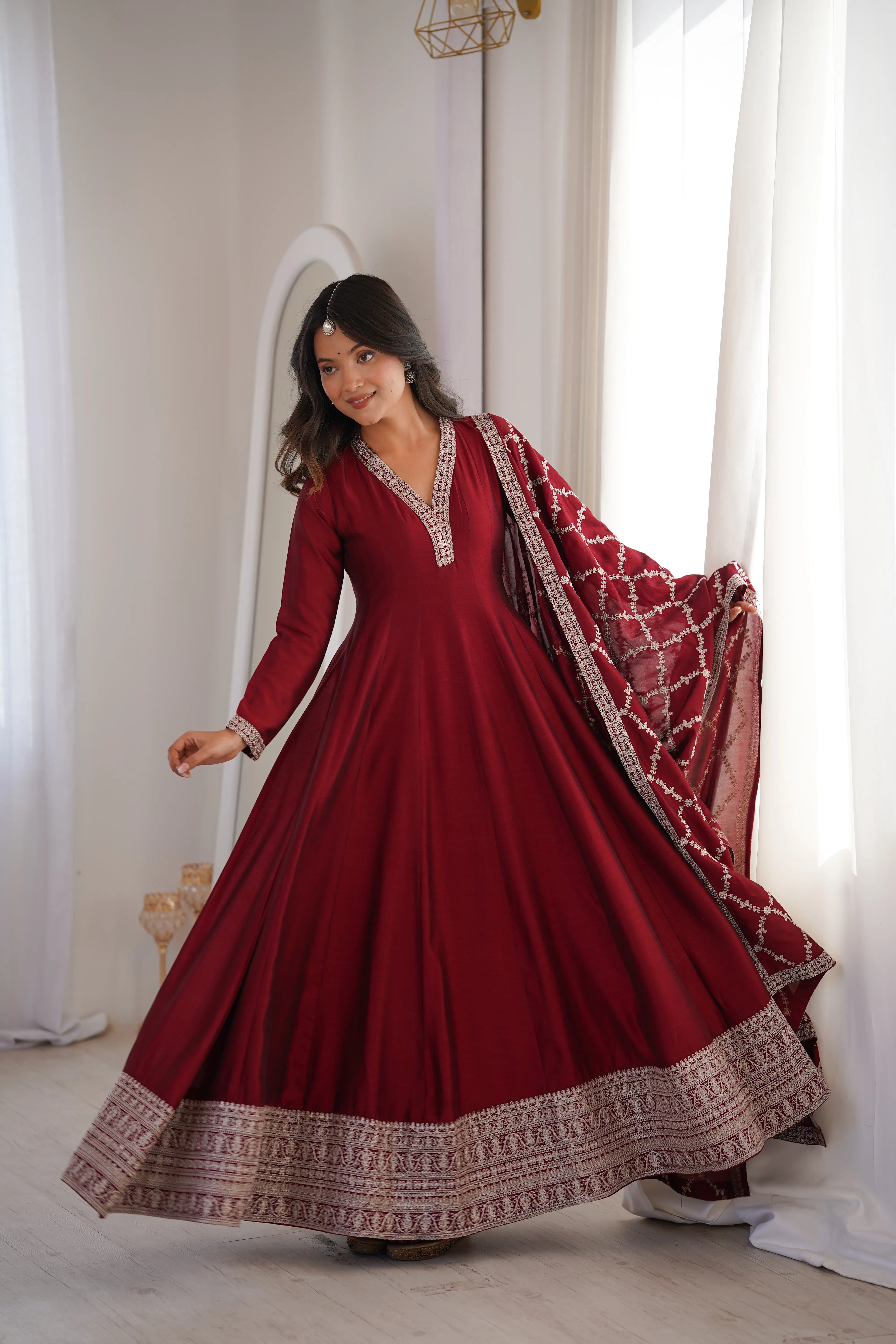 Designer Vichitra Silk Full Kali Anarkali Gown with Embroidered Dupatta