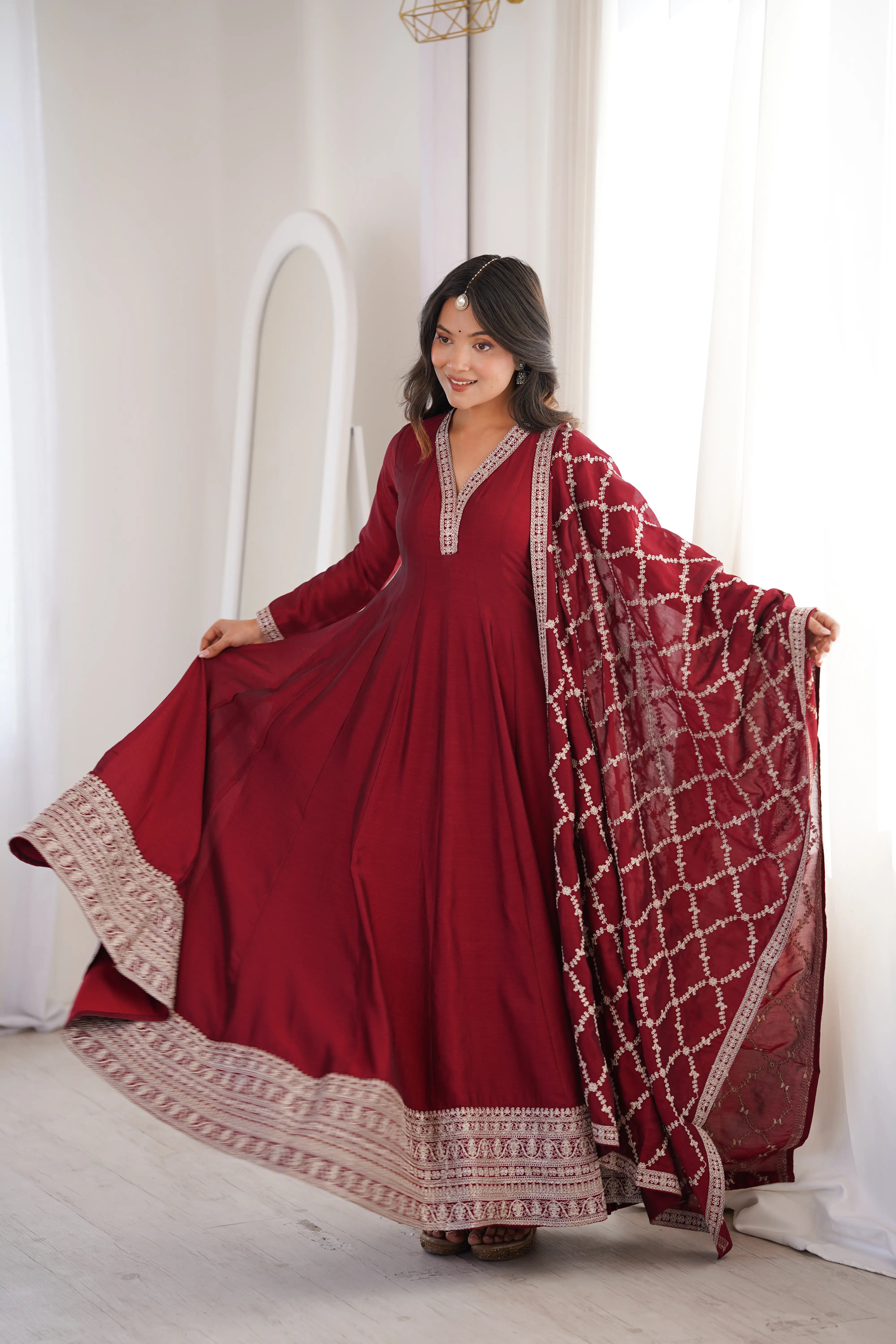Designer Vichitra Silk Full Kali Anarkali Gown with Embroidered Dupatta