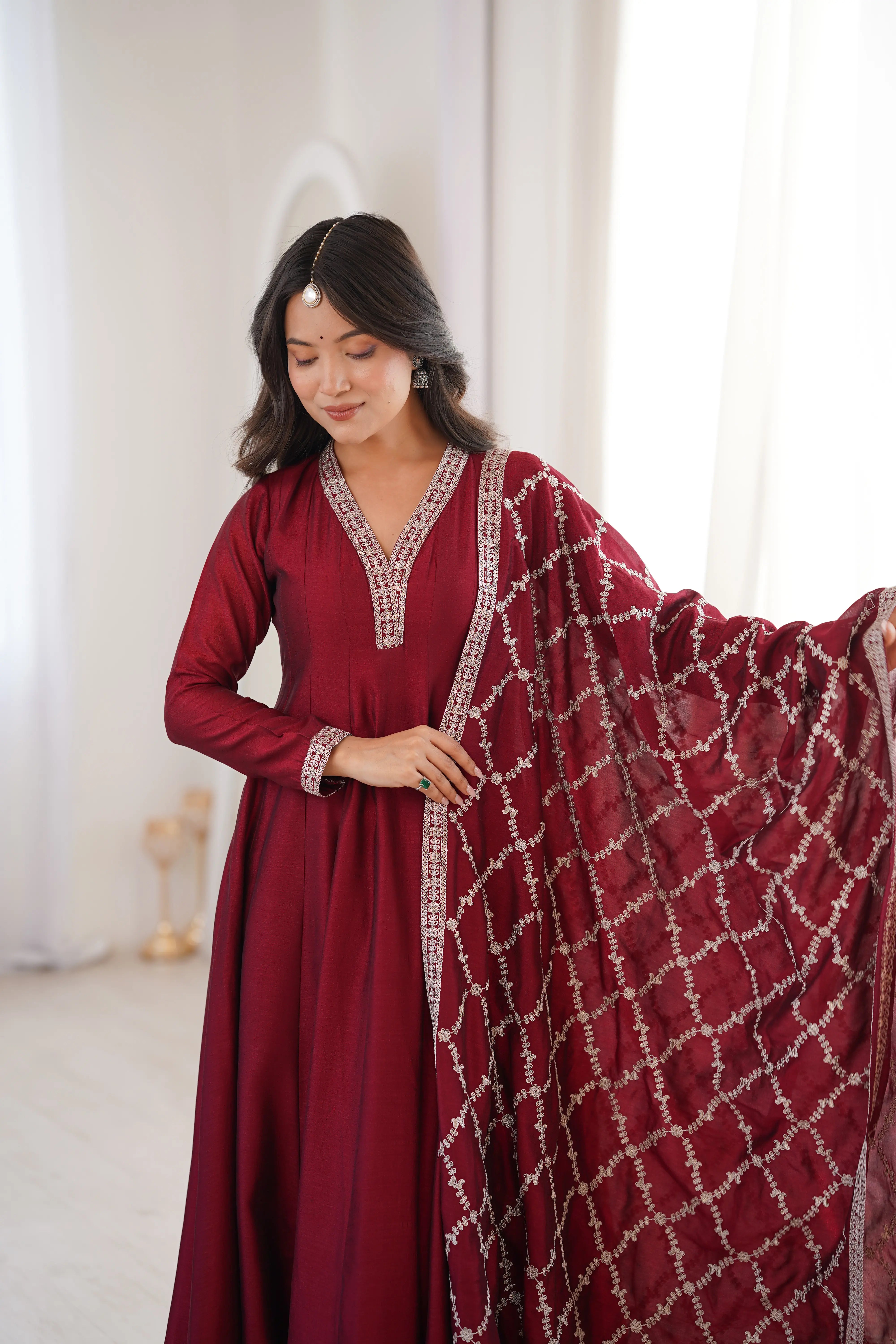 Designer Vichitra Silk Full Kali Anarkali Gown with Embroidered Dupatta