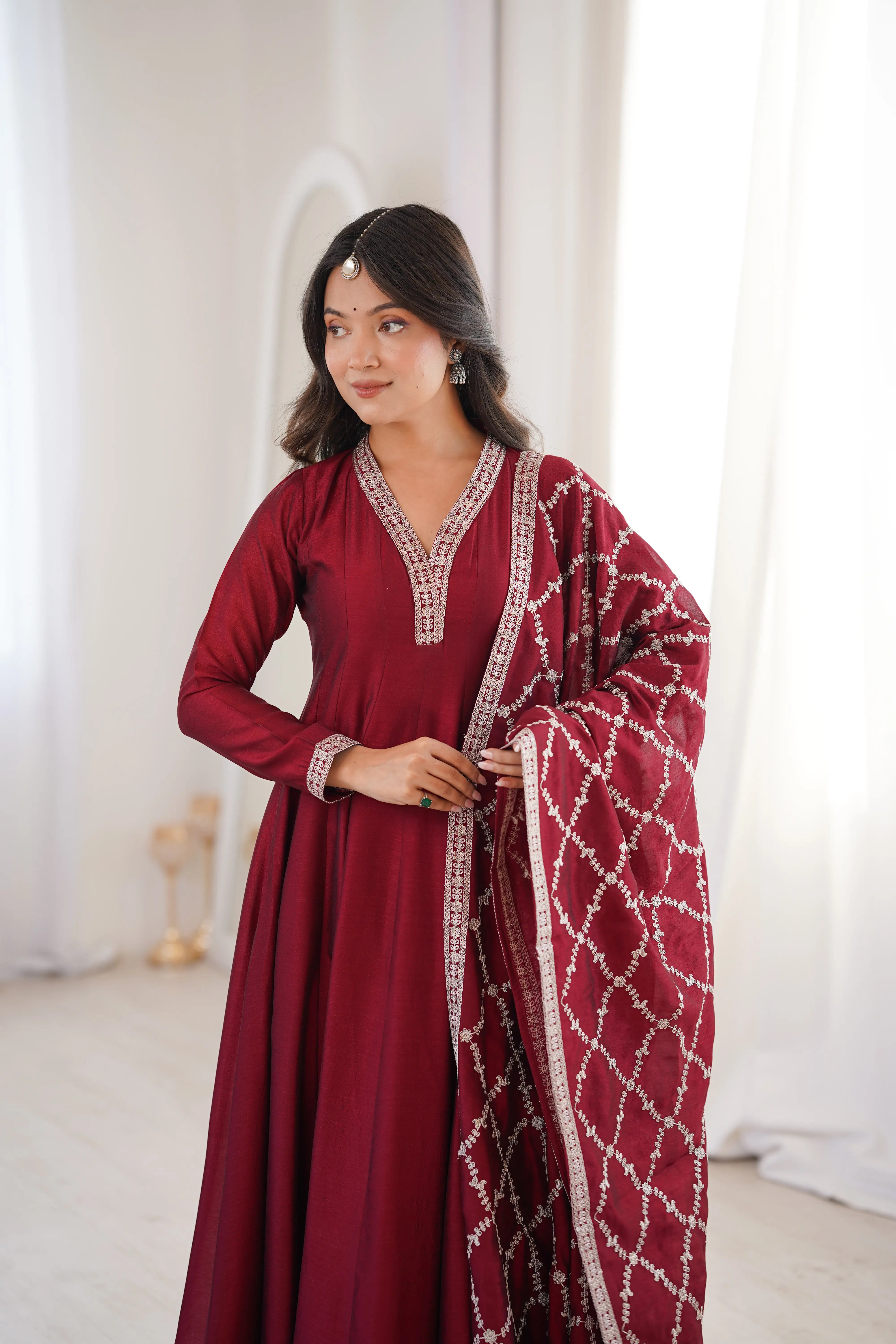 Designer Vichitra Silk Full Kali Anarkali Gown with Embroidered Dupatta