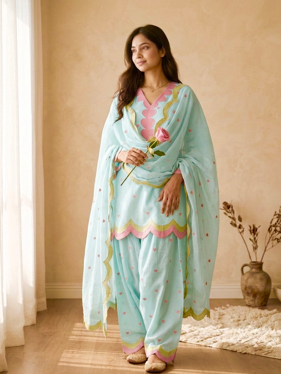 Designer Mal Chanderi Cotton Farshi Salwar Suit Set with Zari Work