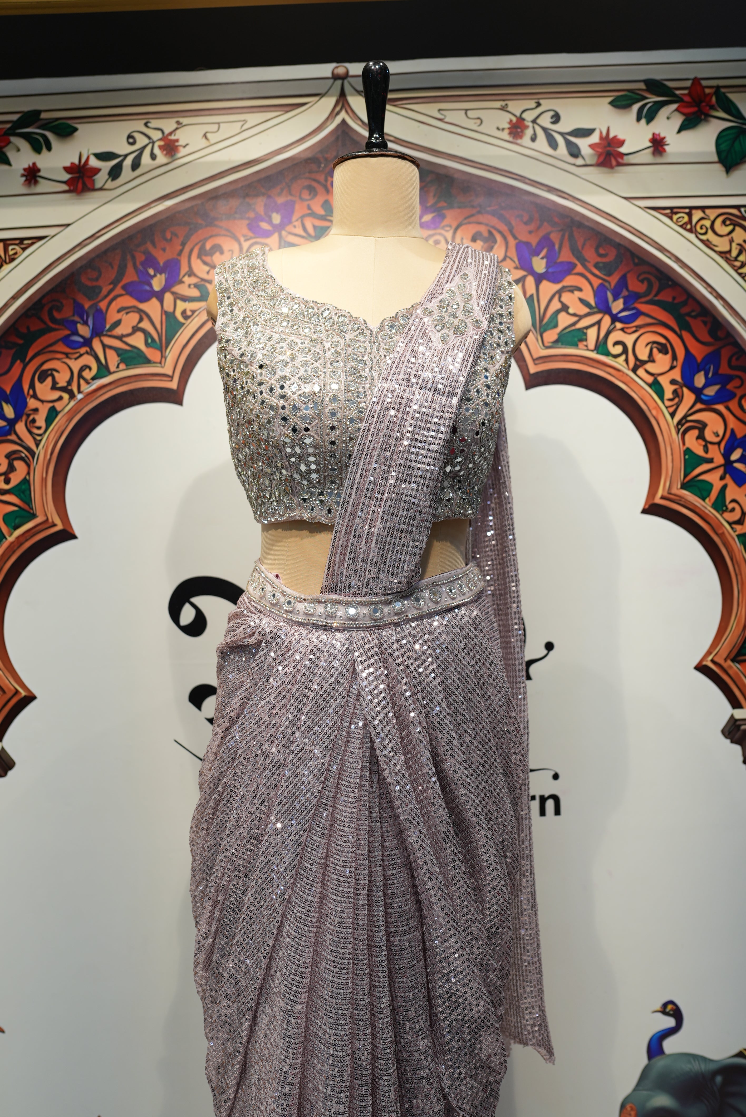 Shimmering Silver Sequin Designer Saree with Heavy Embellished Blouse