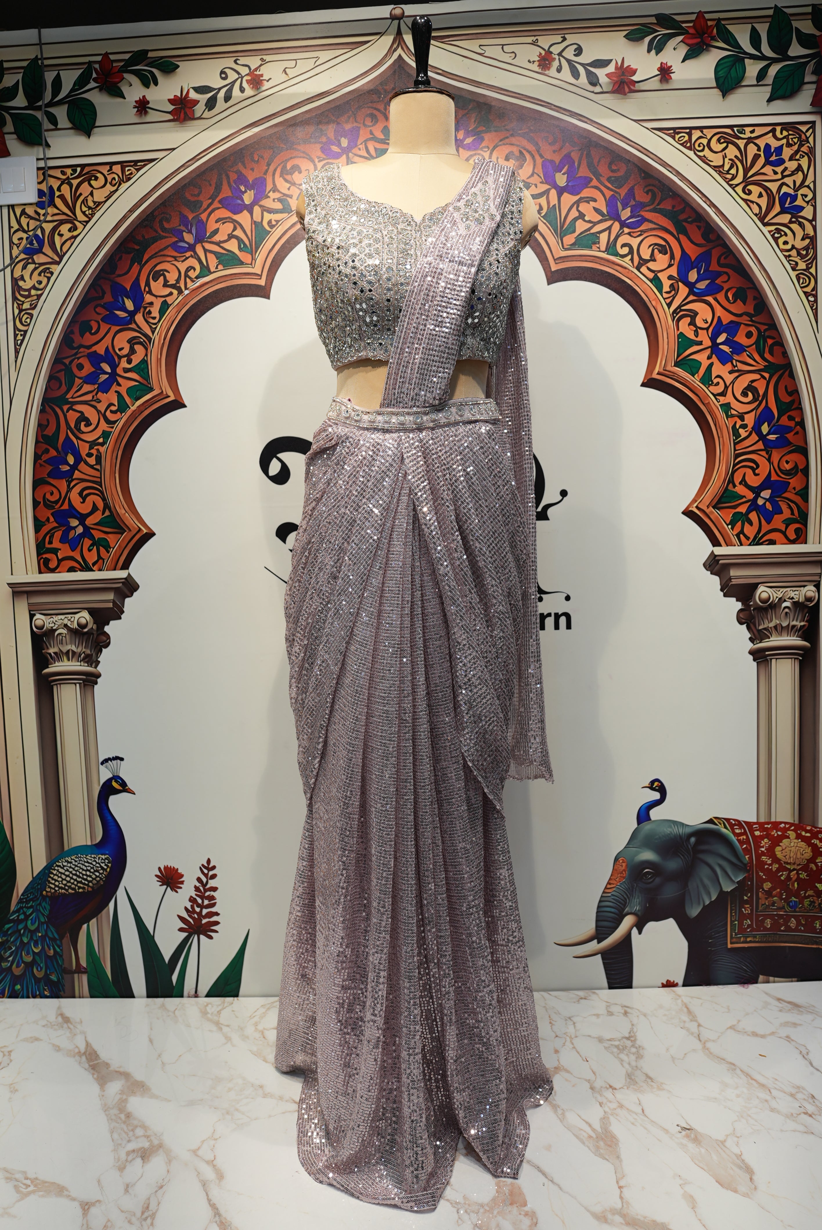 Shimmering Silver Sequin Designer Saree with Heavy Embellished Blouse